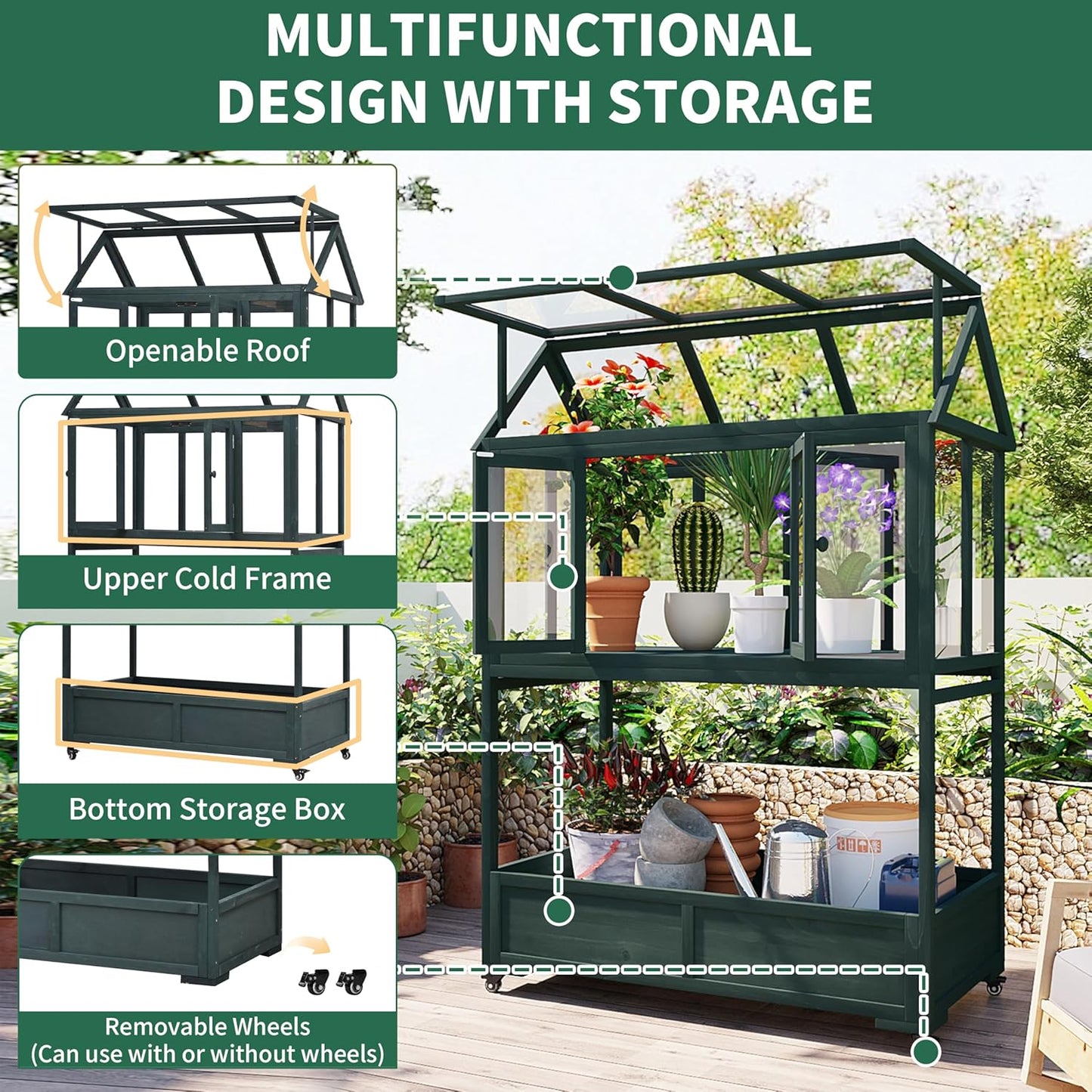 Portable Cold Frame Greenhouse with Wheels , Wooden Mini Greenhouse Cabinet for Gardens & Balconies , Openable Roof Design & Built-in Storage Box ,Easy-to-Move & Durable (Green)