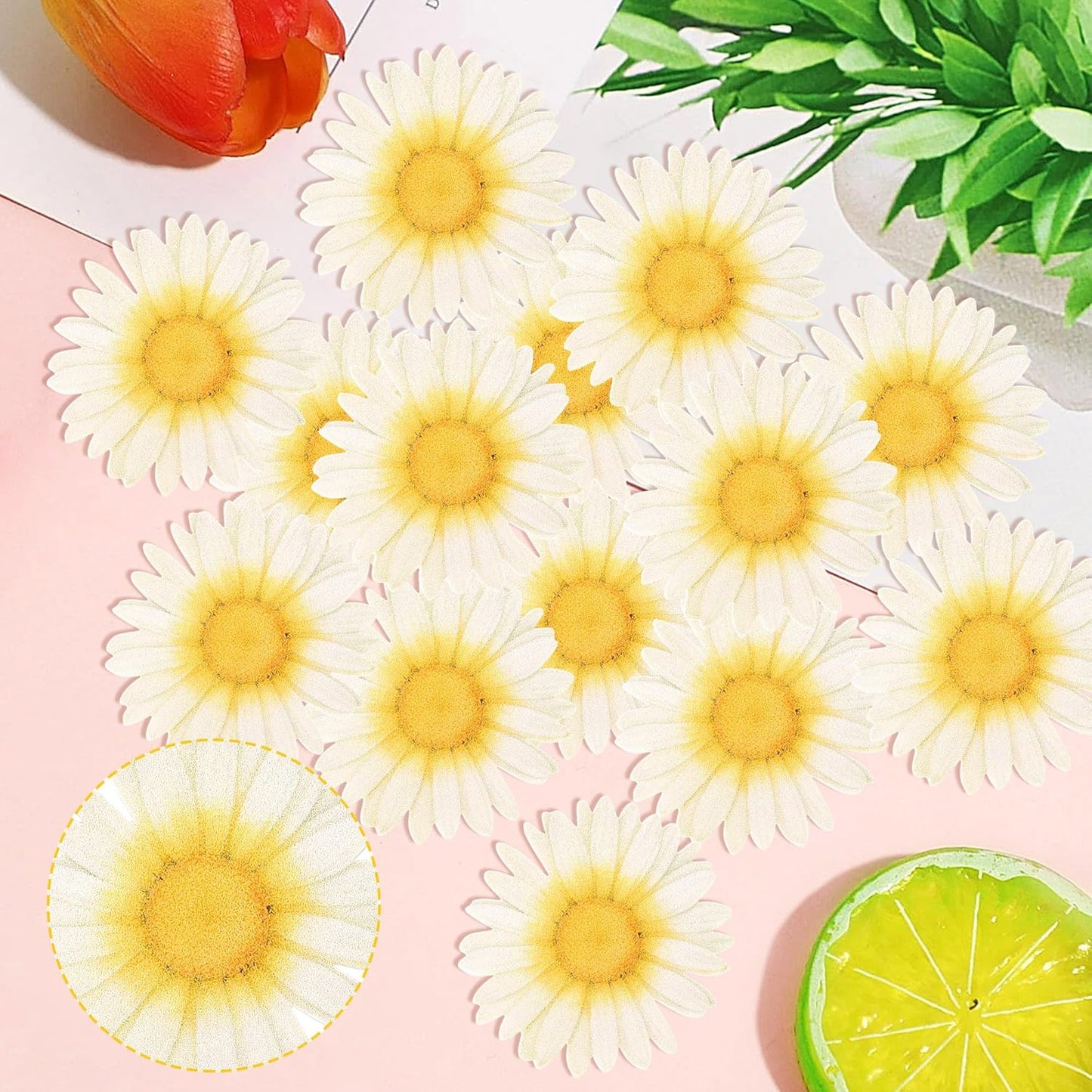 60 PCS Edible Daisy Cupcake Toppers Wafer Paper Flower Birthday Party Decorations Edible Sunflower Cupcake Picks for Baby Shower Spring Wedding Birthday Party Cake Food Decorations Supplies White