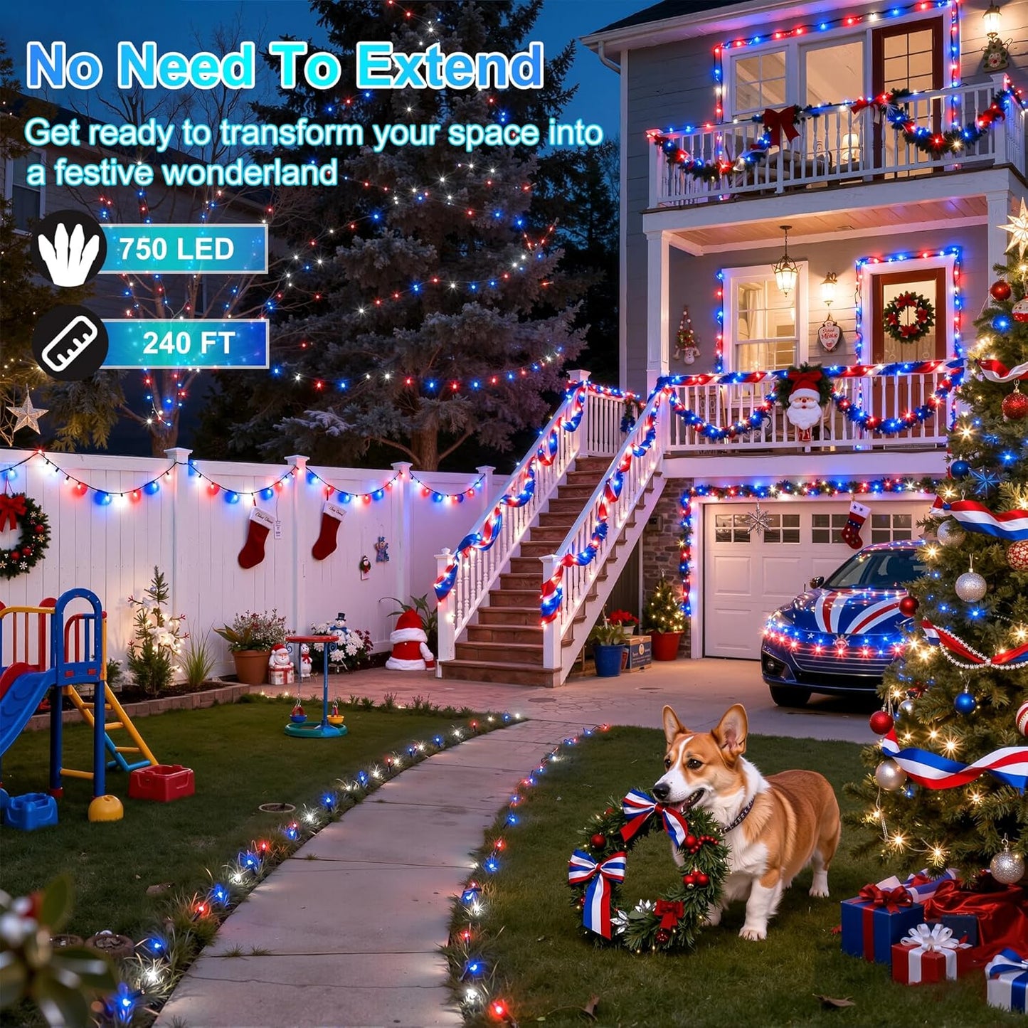750LED Christmas Lights Outdoor Use, 240ft 12 Modes Red Blue and White LED String Lights with Timer Dimmable, Waterproof Christmas Tree Lights for Xmas Patio Yard Fence Balcony Garden Decor