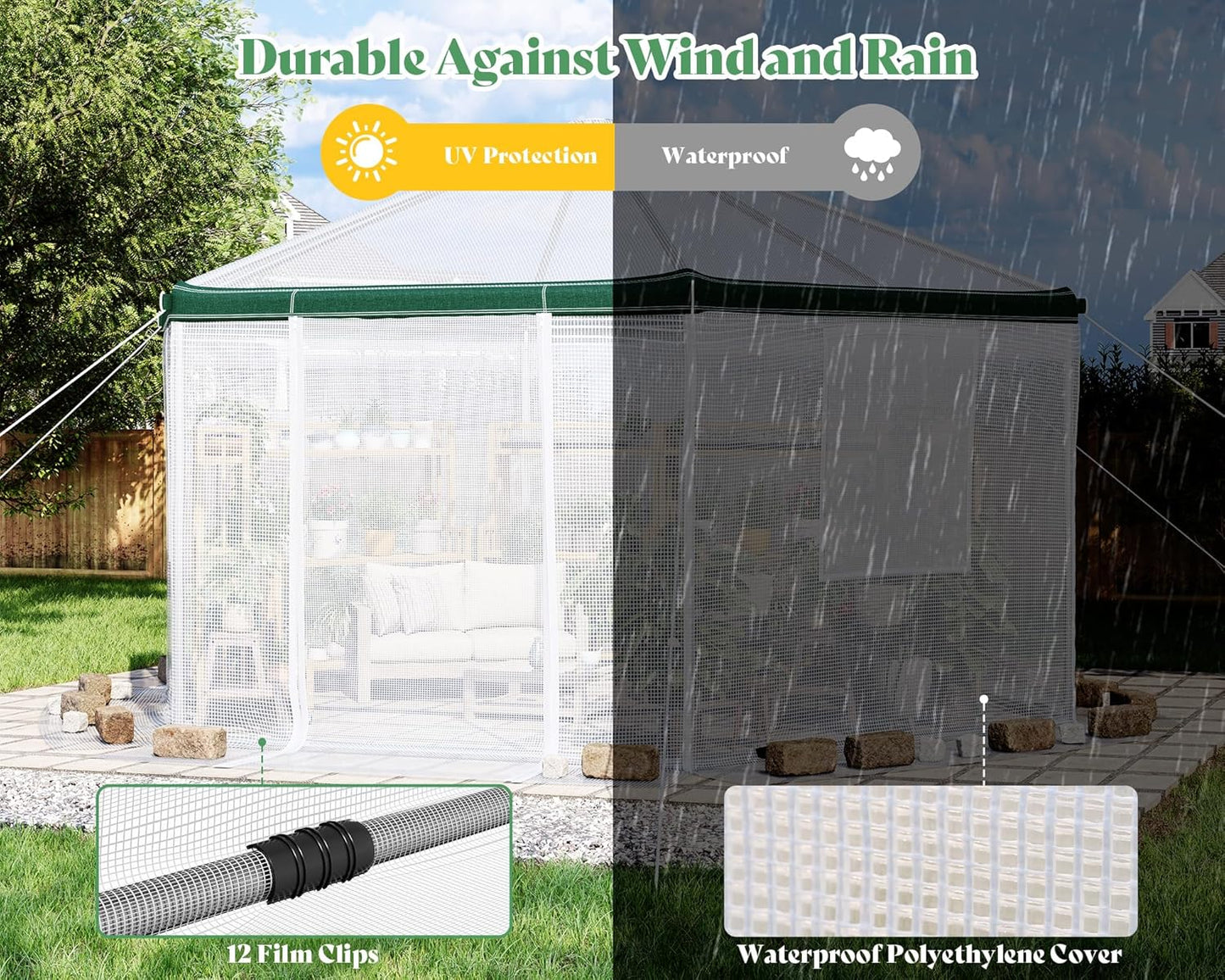 AMERLIFE 13.5x13.5x9 FT Hexagonal Walk-in Greenhouse for Outdoors, Heavy-Duty Greenhouse with Windbreak Ropes, Waterproof PE Cover, Ground Stakes, Tunnel Green House for Garden, White/Green