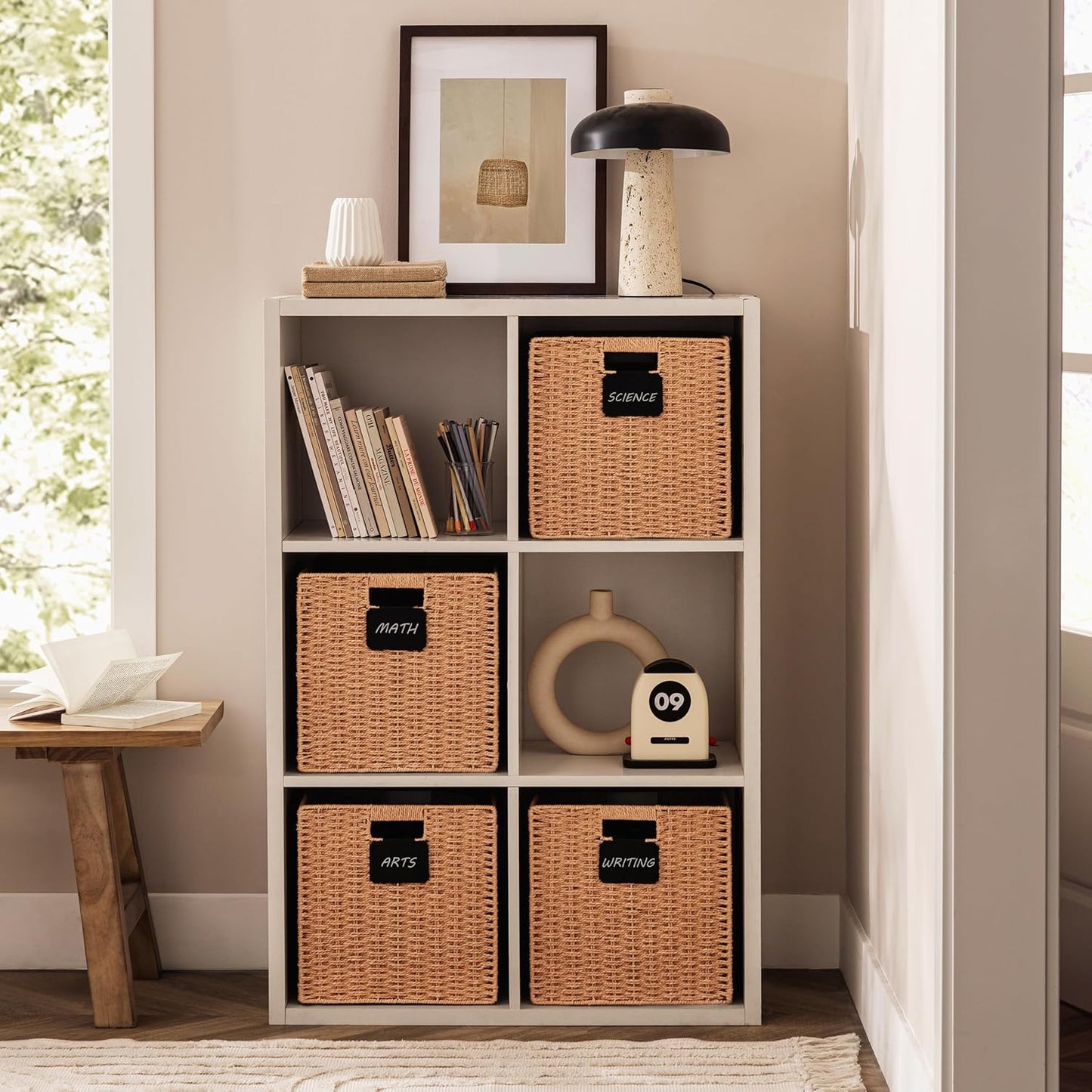 UBBCARE 4 Pack Wicker Basket, 13×13 Storage Cubes with Label, Foldable Cube Storage Bin with Handle, Square Storage Basket for Shelves, Woven Paper Rope Basket for Organizing, Caramel