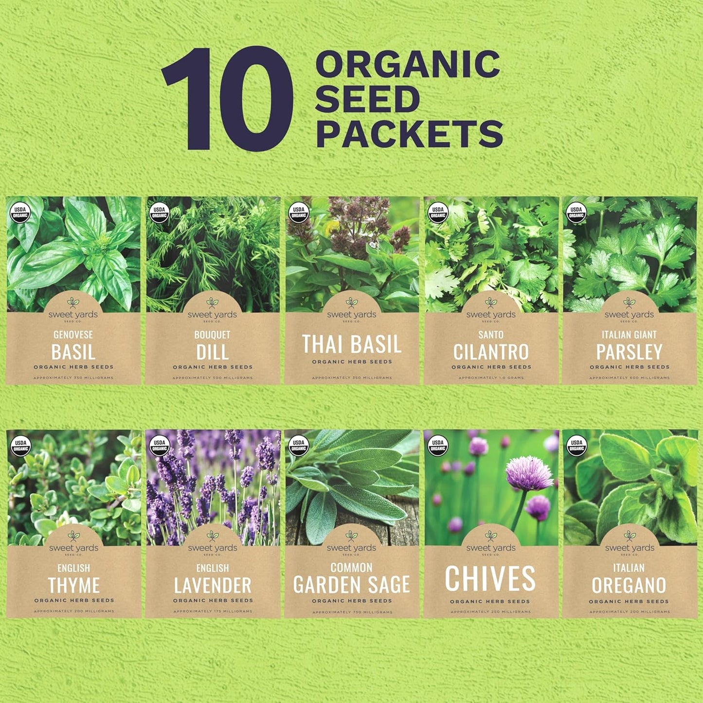 Organic Herb Seeds Variety Pack - 10 Individual Packs - 2025 Season - Basil, Cilantro, Dill, Thyme, Parsley and More! for Indoor & Outdoor Planting (Non-GMO, Certified Organic)