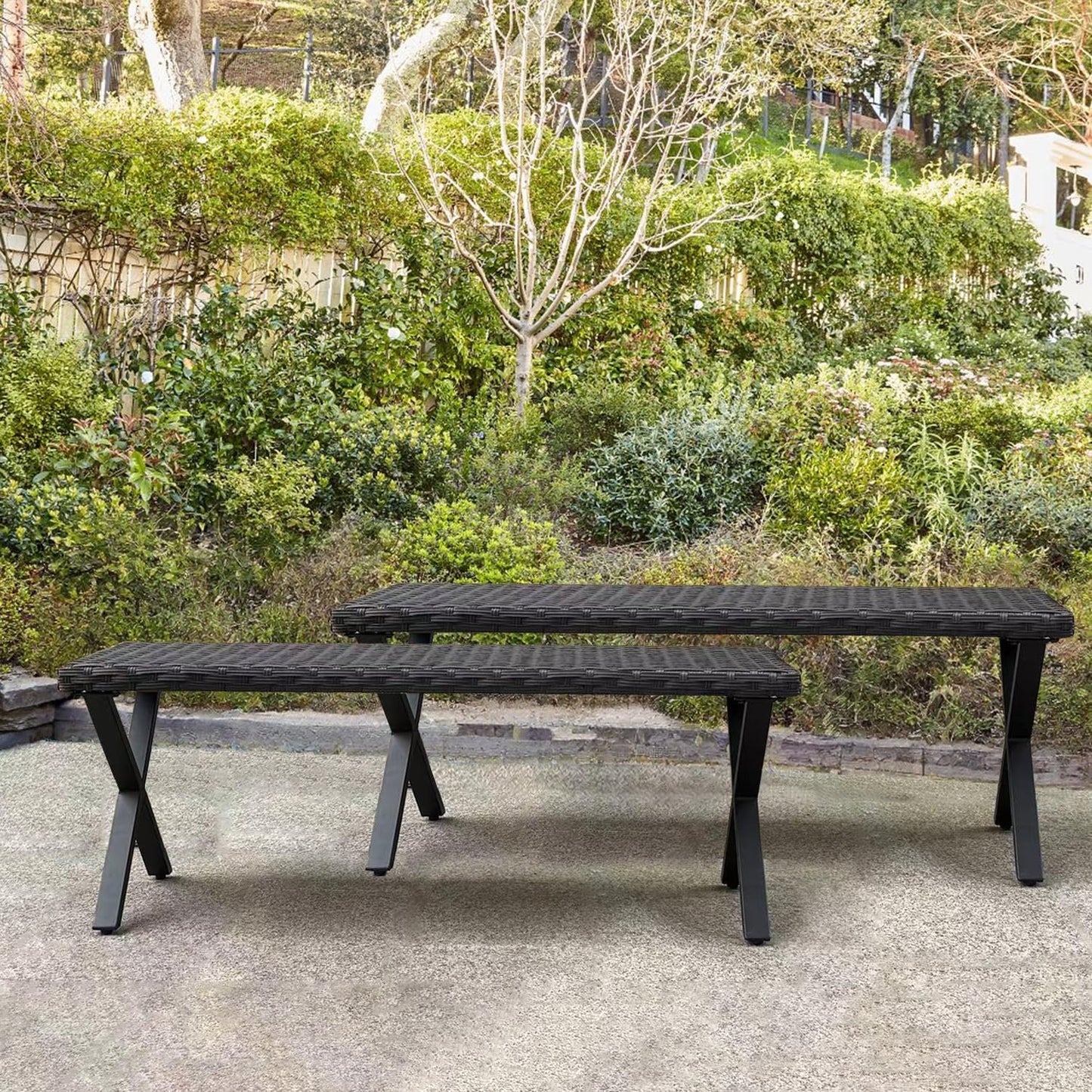 46" Patio Rattan Backless Bench Set of 2, All-Weather Outdoor Bench for Garden Backyard, Porch, or Lawn