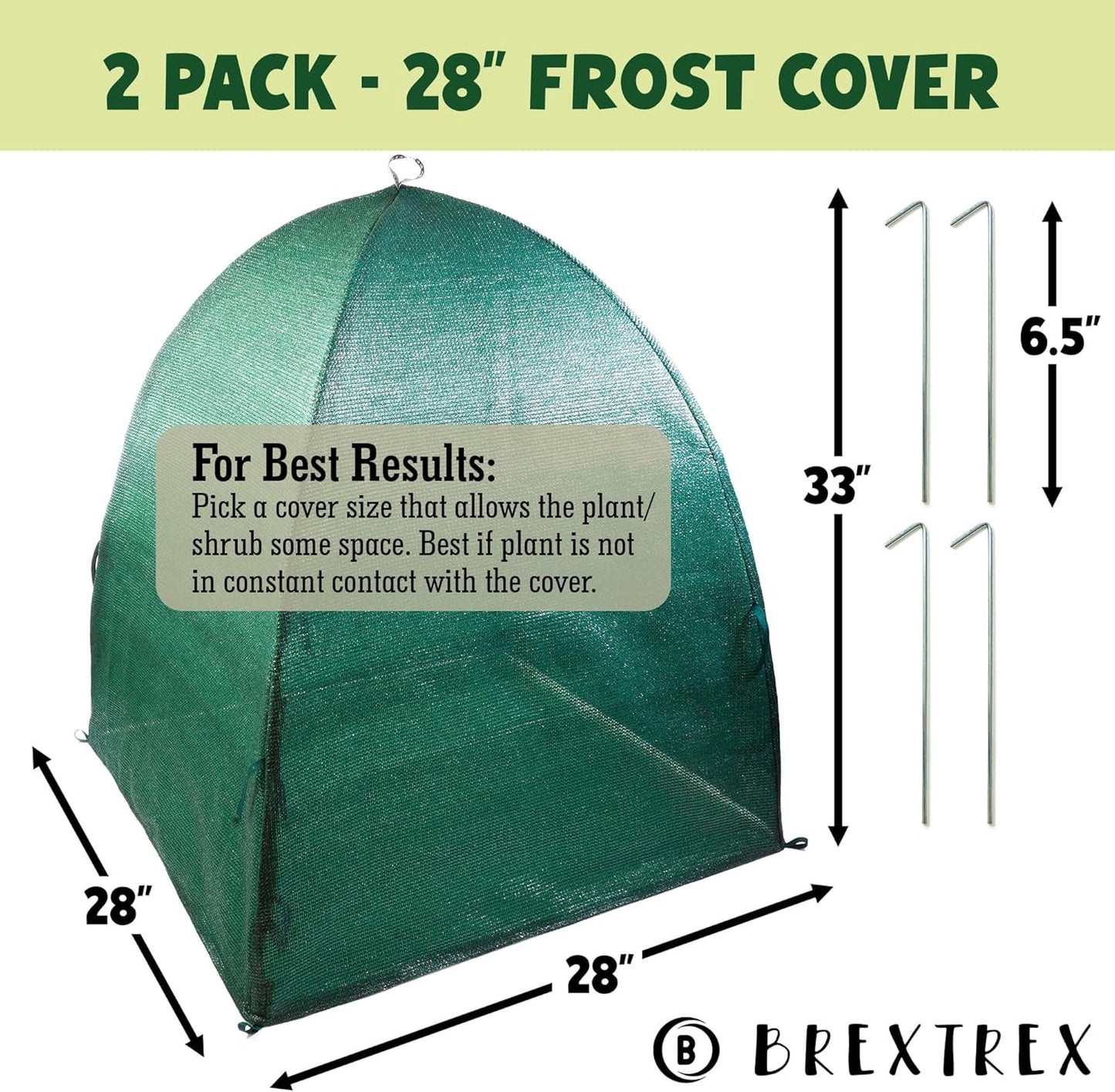 Winter Plant Cover Freeze Protection Tents 2 Pack-Protect Shrubs from Snow, Frost, Animals, Freezing Temperatures - Complete with Soft Garden Ties (28" x 28" x 33", 2 Pack, green with stakes)