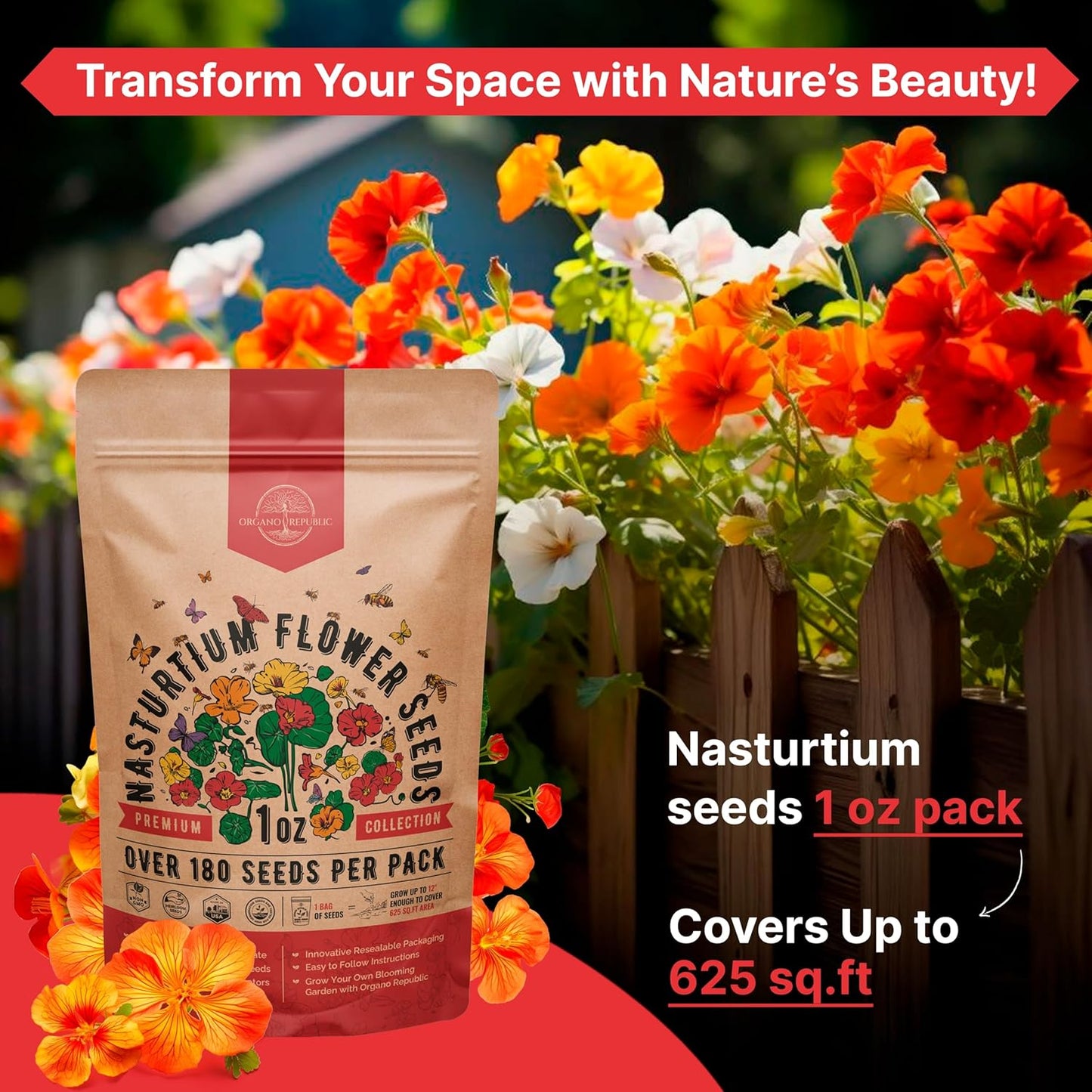Nasturtium Seeds Pack 1 oz - Non-GMO Heirloom Flower Seeds for Planting, Edible Flowers in Individual Seed Packet, Nasturtium Seed for Planting Home Garden Indoor & Outdoor Gardening