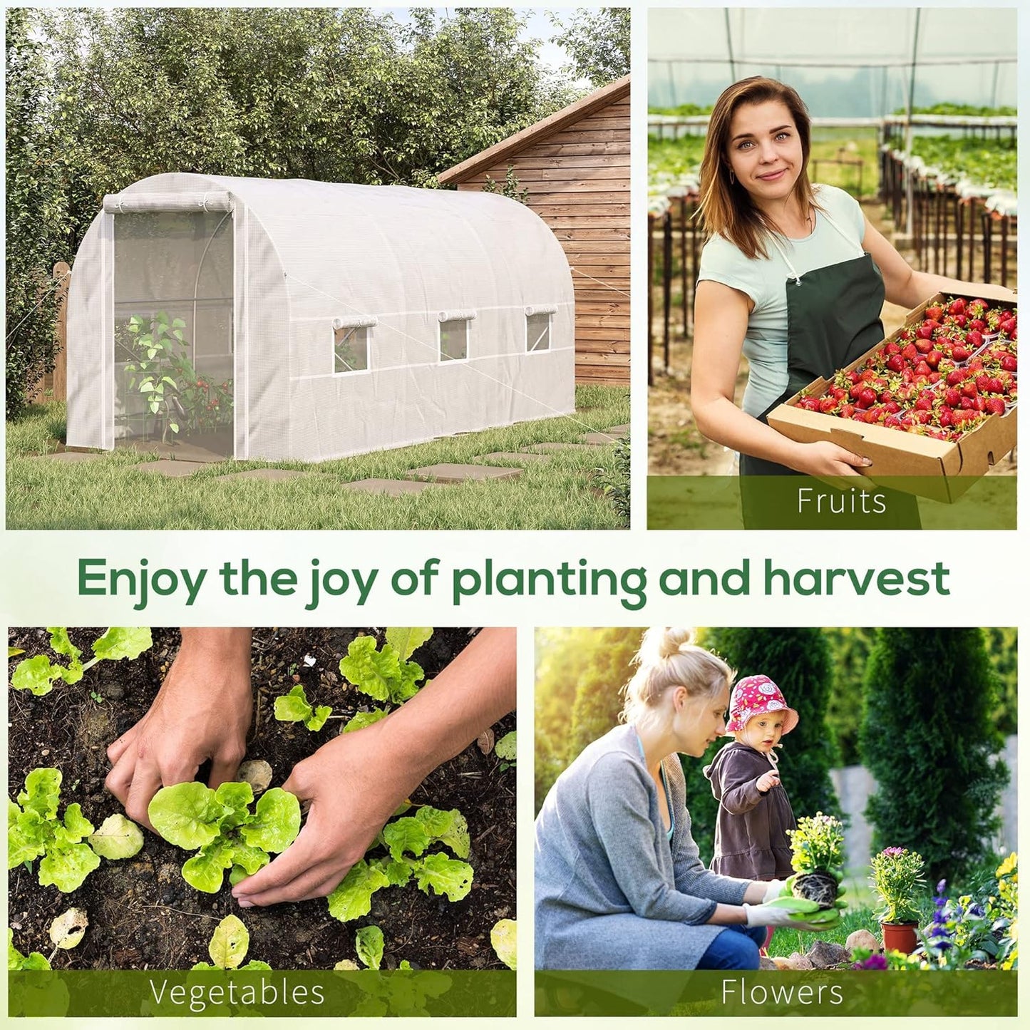Outsunny 15' x 7' x 7' Walk-in Tunnel Greenhouse, Large Heavy Duty Garden Hot Green House Kit with 6 Roll-up Windows & Roll Up Door, Steel Frame for Garden Plants, White