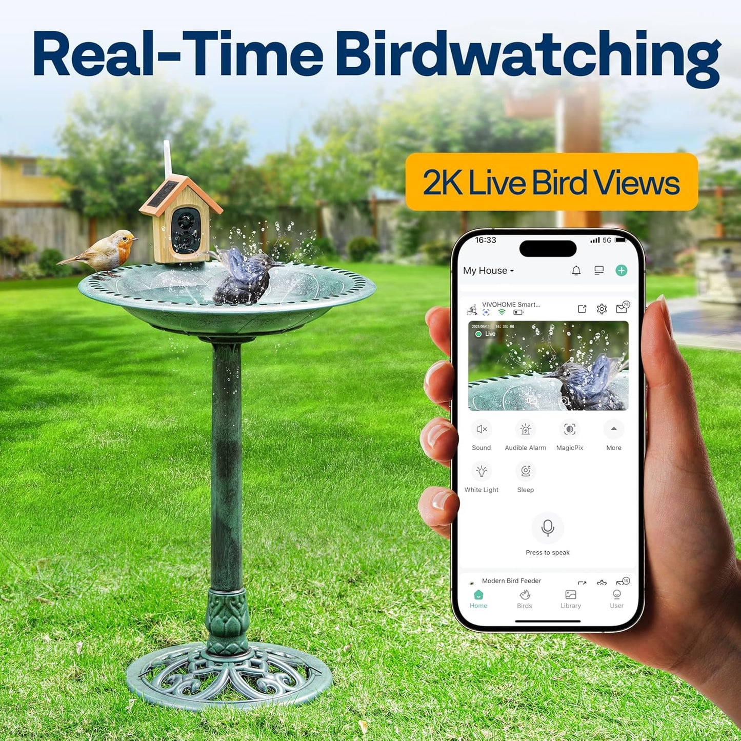 VIVOHOME Smart Polyresin Bird Bath with Camera, 2K HD Solar Powered Outdoor Bird Feeder with Night Vision, AI Bird Identification, Two-Way Audio, Instant Motion Alerts, 2.4GHz WiFi, Green