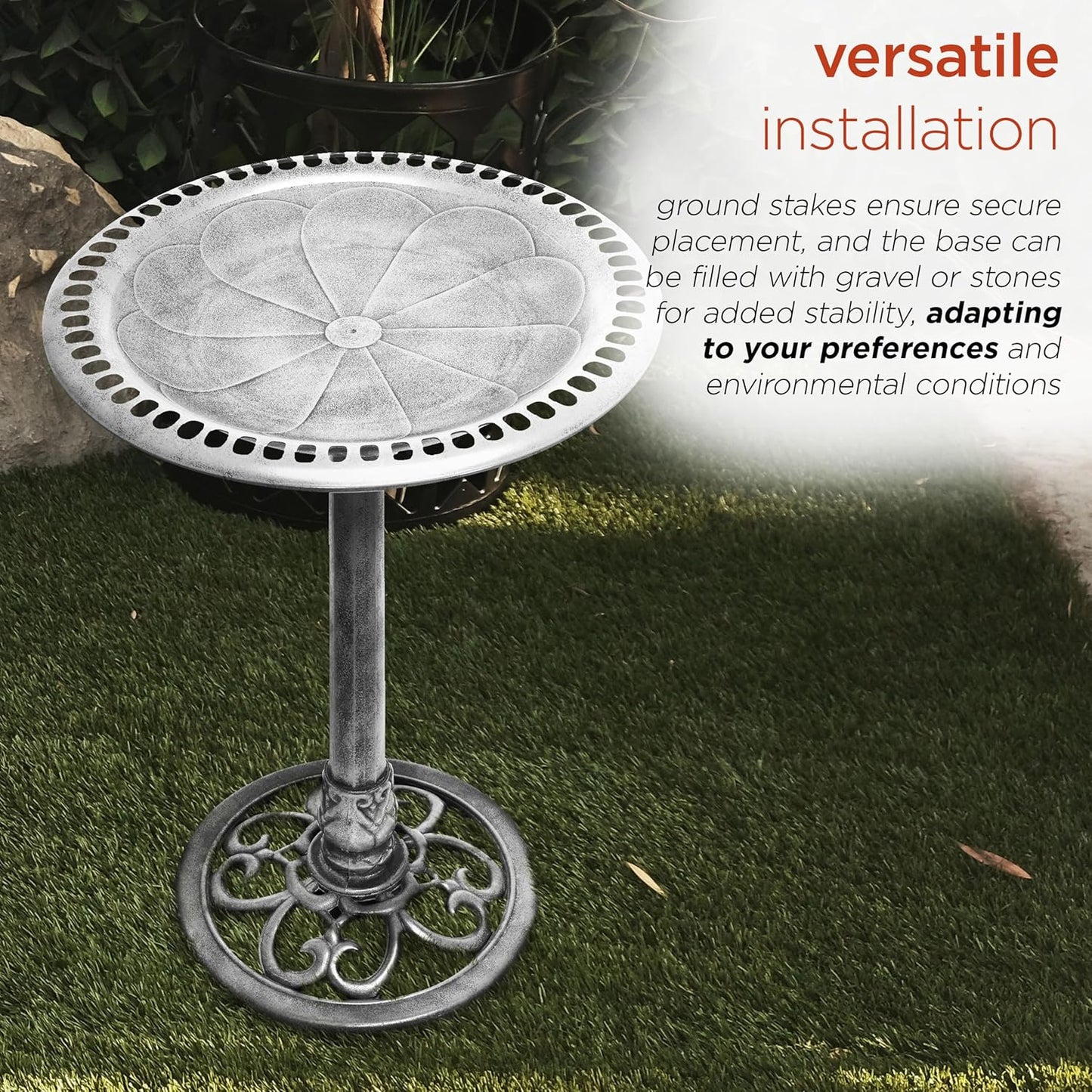 Alpine Corporation TEC116GR Outdoor Pedestal Birdbath w/Scrollwork Base and Stakes, Elegant Birdbath for Garden, 28" H, Gray