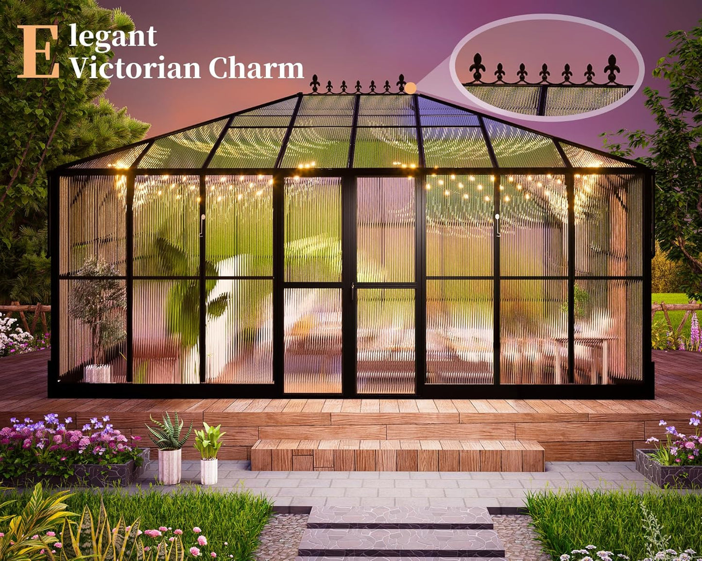 HOWE 16x12x9.5 FT Polycarbonate Greenhouse for Outdoors, Pavilion Style Greenhouse with 4 Vent Windows, Lockable Double Doors, Ideal for Garden & Patio Use, Black