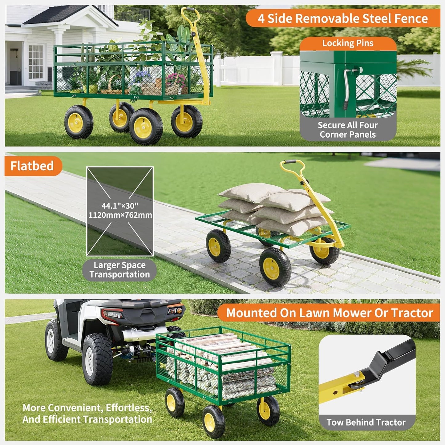 3-in-1 Heavy-Duty Steel Garden Cart, 1400 Lbs Garden Wagon, with 13 Inch All-Terrain Tires and Removable Mesh Side Panels, 180° Rotating Handle, Metal Utility Yard Trailer, Outdoor Gardens Wagon Cart