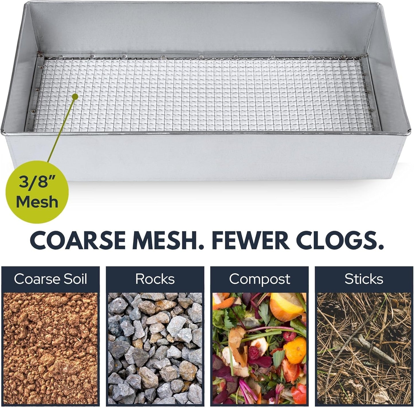 Soil Sifter, Wide Size (17.5 x 11.5 inches) with 3/8-inch Mesh, Garden Sieve for Dirt, Sand, Rocks, and Compost