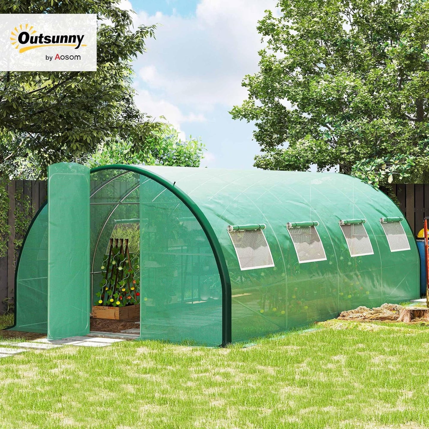Outsunny 20' x 10' x 6.6' Walk-in Tunnel Greenhouse with Upgraded Structure, Outdoor Green House with 2 Hinged Doors, 8 Mesh Windows, Gardening Plant Warm House Tent, Green