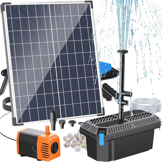 Antfraer 30W Solar Pond Filter with Water Pump,Solar Pond Pump with 6.6FT PVC Tubing/ 16.5FT Cord, Pond Filter for Outdoor Garden Waterfall DIY Water Features