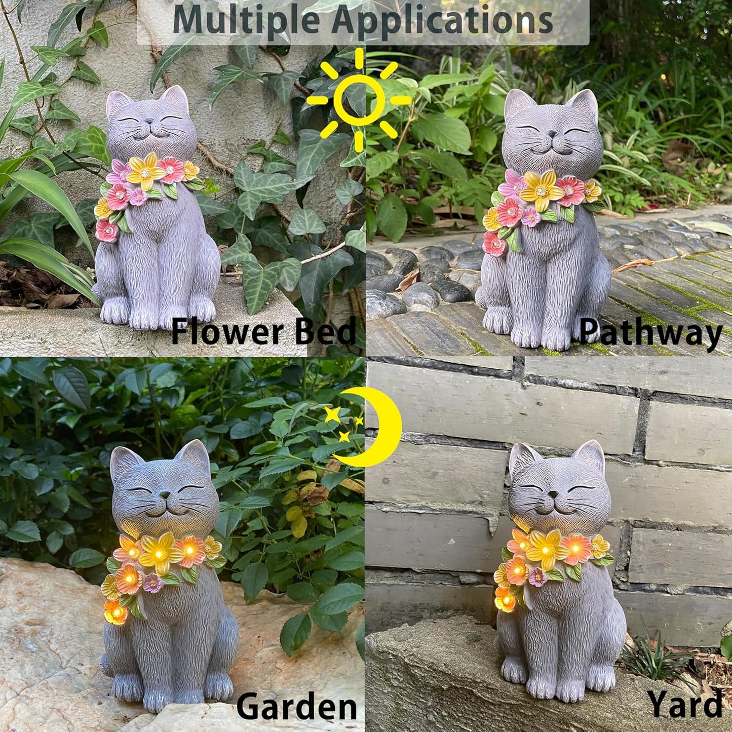 Solar Cat Garden Statue for Outdoor Decor, Cat Solar Light with Flowers, Resin Cats Figurine for Garden, Yard, Lawn Decor, Cats Lover Gifts for Women