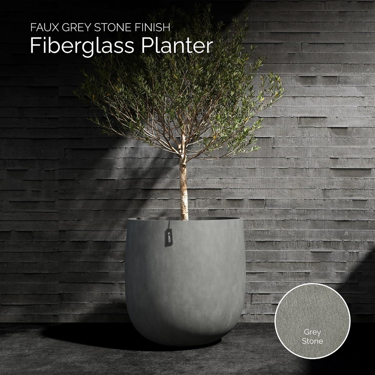 Mondo Large Planter – Grey Stone Finish – Fiberglass Indoor/Outdoor and Weather-Resistant Round Planter (39.4" D x 40" H Exterior, 37.8" D x 39.4" H Interior)