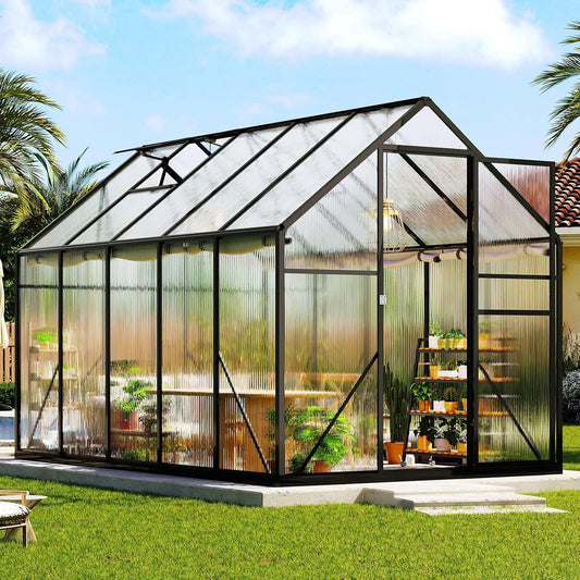 Amerlife 6x10x6.3 FT Ft Polycarbonate Greenhouse for Outdoors, Walk-in Design with Aluminum Frame, 2 Windows and Swing Door, Heavy-Duty Greenhouse Construction for Garden, Black