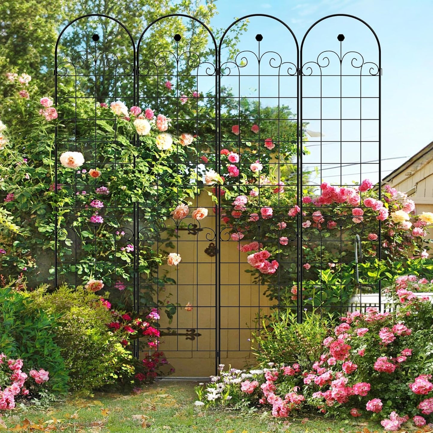4 Pack Metal Garden Trellis 86.7" H Garden Fence Rustproof Trellis for Climbing Plants Support Roses Flower Outdoor Lawn, Black Galvanized Tube