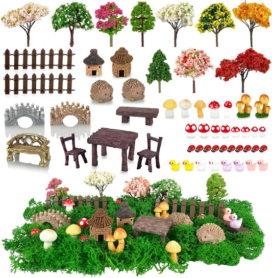 56 Pcs Fairy Garden Accessories, Mini Resin Animals Figures, Miniature Table and Chairs, Moss Bonsai Micro Landscape Ornaments Kit, Miniature Garden Kit, Terrarium Ornaments DIY Craft