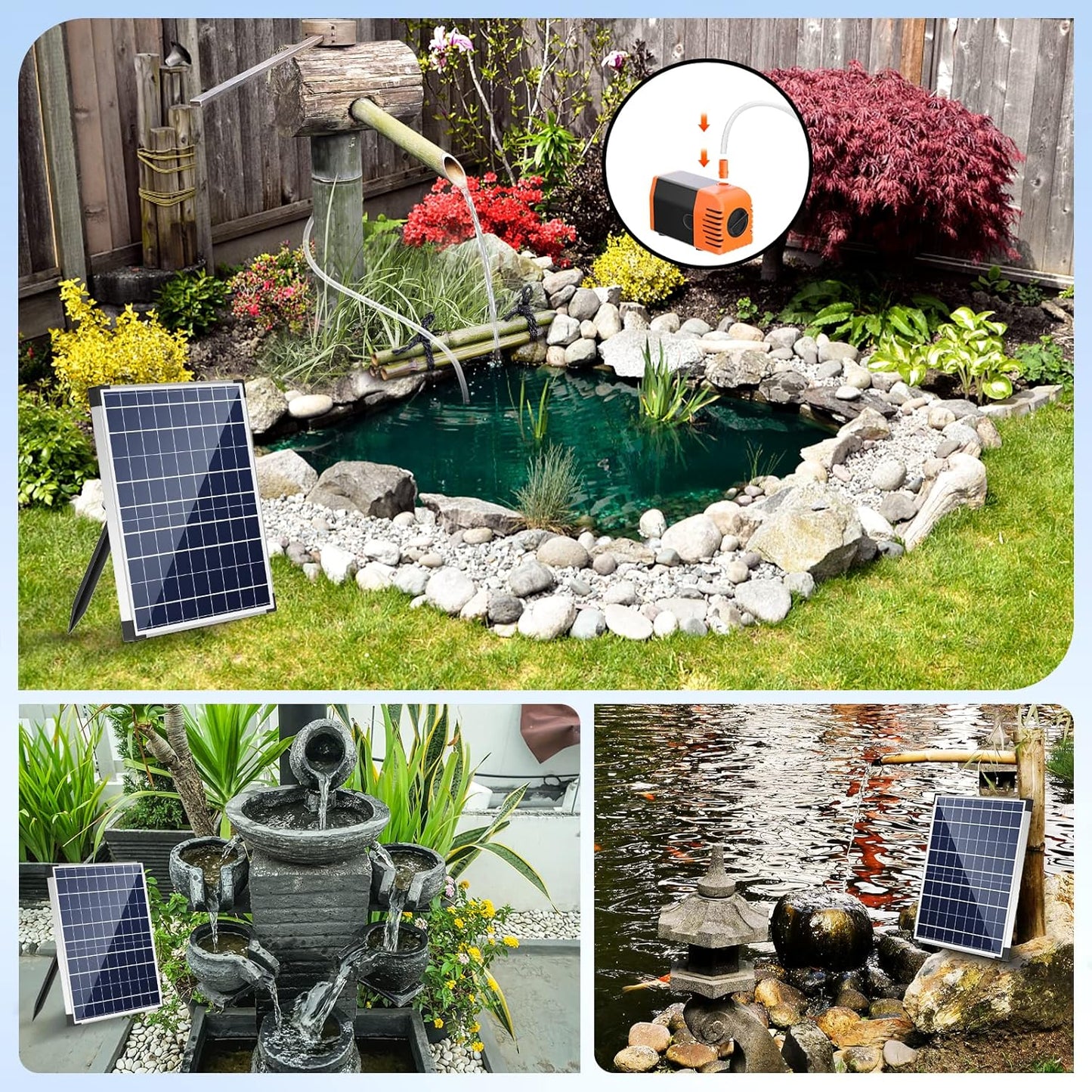 Antfraer Solar Pond Pump, 25W Solar Water Pump with 410GPH Adjustable Flow, Solar Fountain Pump 6.6FT Tubing/16.5FT Cord for Garden, Fish Ponds, Waterfall, Fountain Water Features