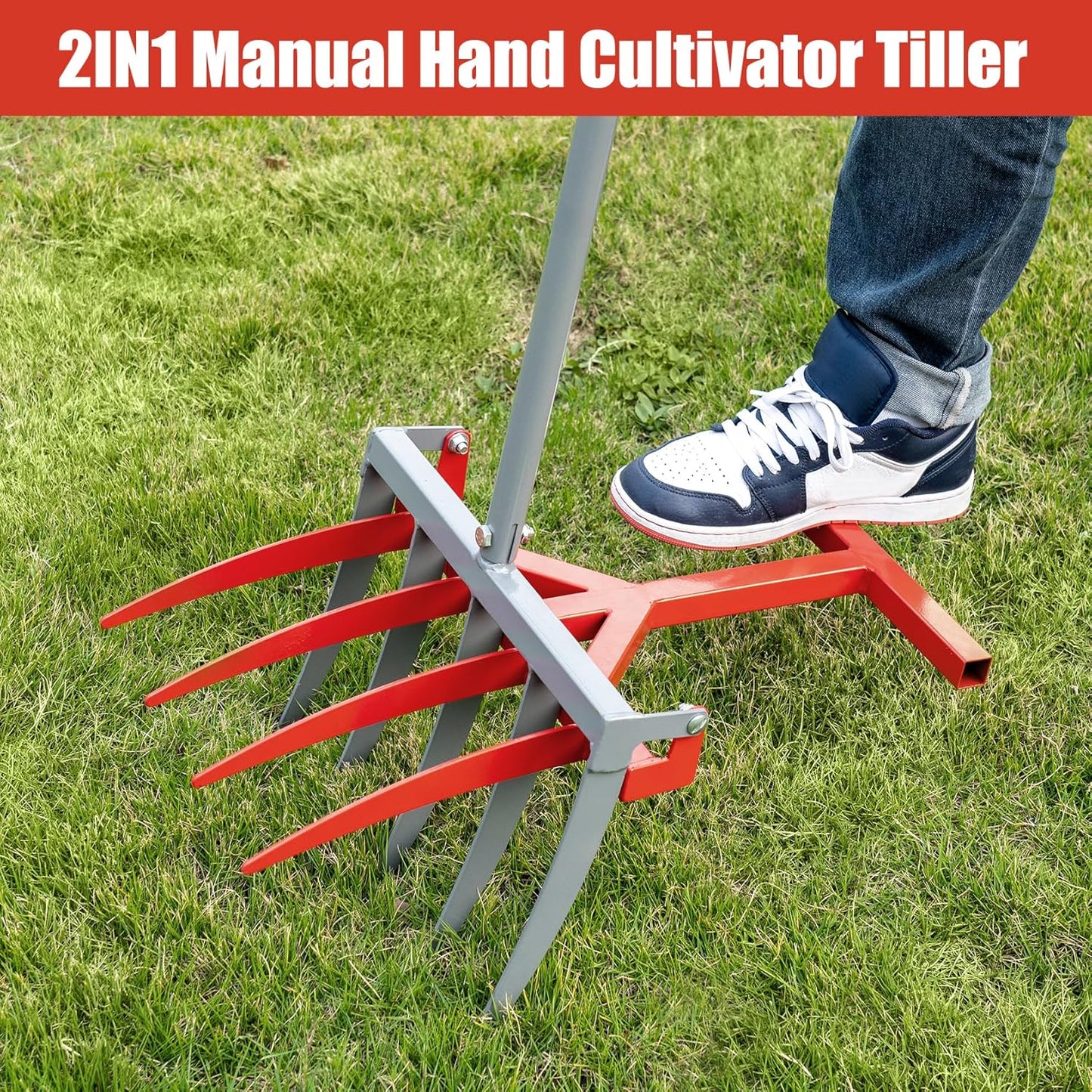 2IN1 Broad Fork Tool, Manual Hand Cultivator Tiller, Garden Twist with 5+4 Steel Tines, Pitchfork Tool for Farm Loosening, Garden Lawn, Regularly Digging, Crushing Soil