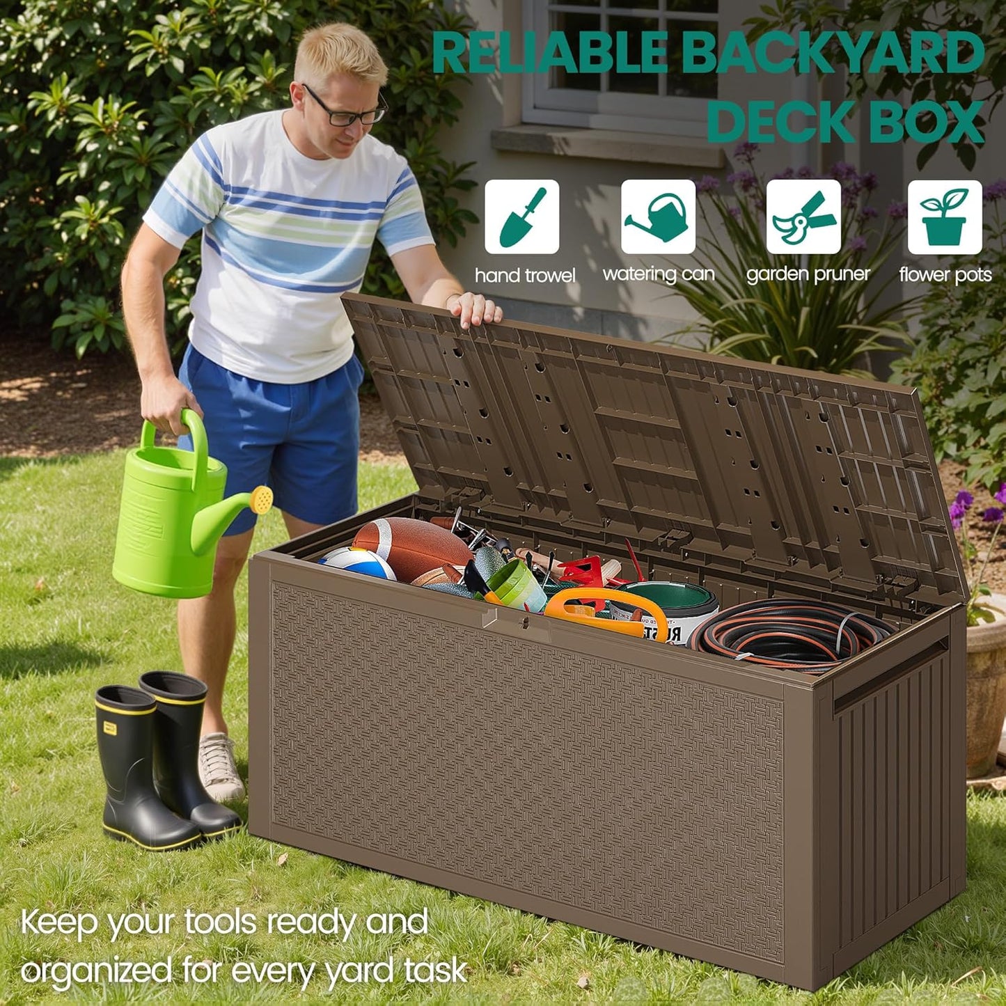 90 Gallon Outdoor Deck Box, Waterproof Outdoor Storage Box, Durable Resin Bin for Patio Cushions, Garden Tools and Pool Accessories, Lockable with UV Protection, Brown, Patio Furniture