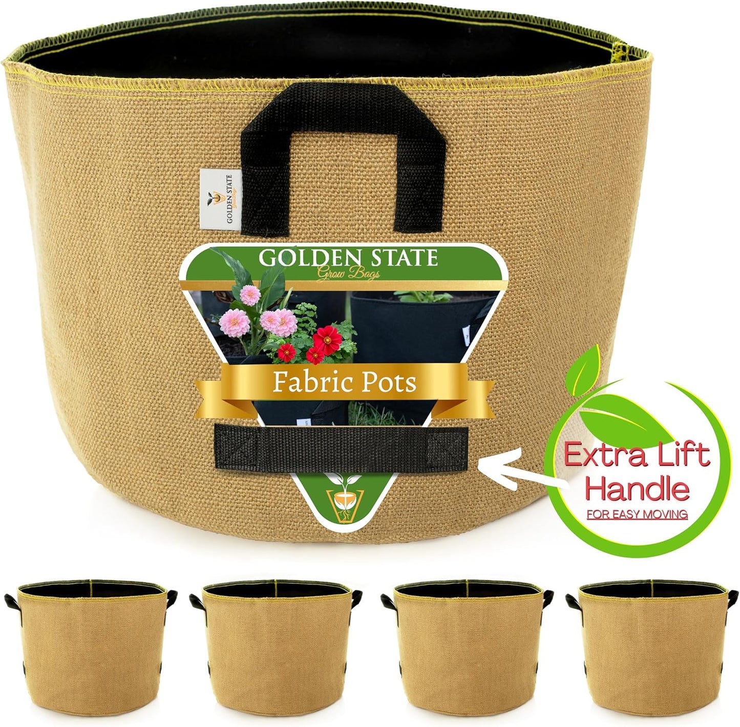 Grow Bags: 5-Pack (Size: 20 Gallon): Thick Jute Material + Inside Felt Fabric Liner, w/Yellow Stitch. Very Biodegradable and eco-Friendly Material. (Handles + Dumping Handles-pat.Pend).