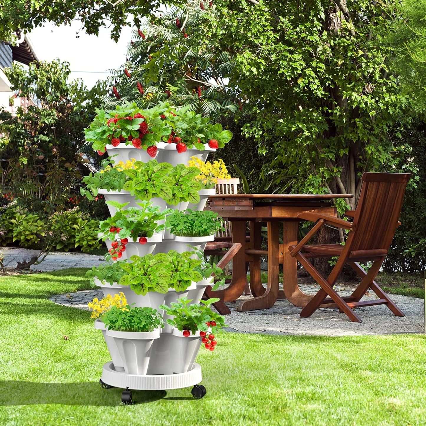 Strawberry Vertical Planters, 3 Tiered Stacking Tower Garden, Stackable Herb Vegetable Planters with Movable Casters and Bottom Saucer Indoor and Outdoor - White