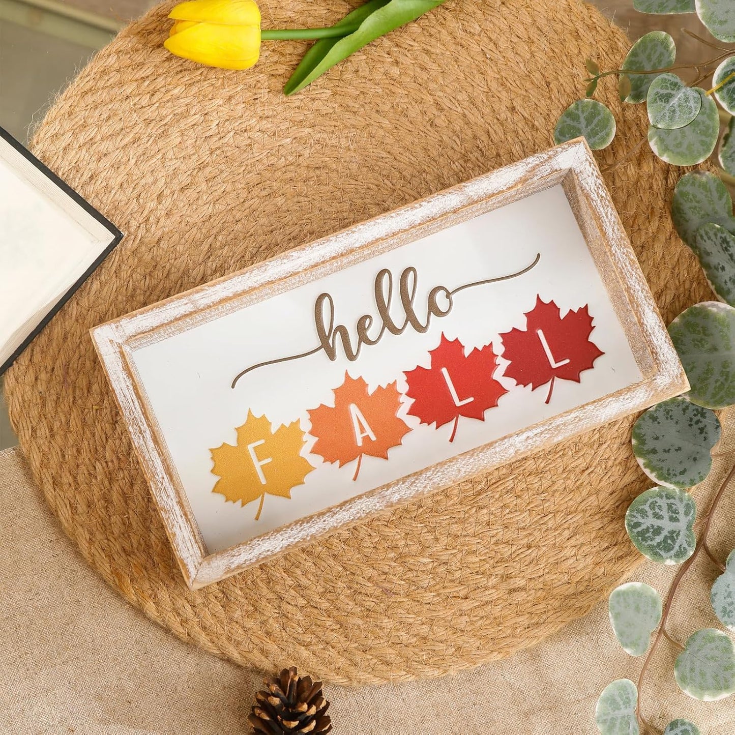 Embossed Hello Fall Sign, Farmhouse Fall Decorations for Home, Modern Autumn Home Decor Indoor, Wooden Thanksgiving Tiered Tray Decor for Table Shelf Cubicle Desk Mantel