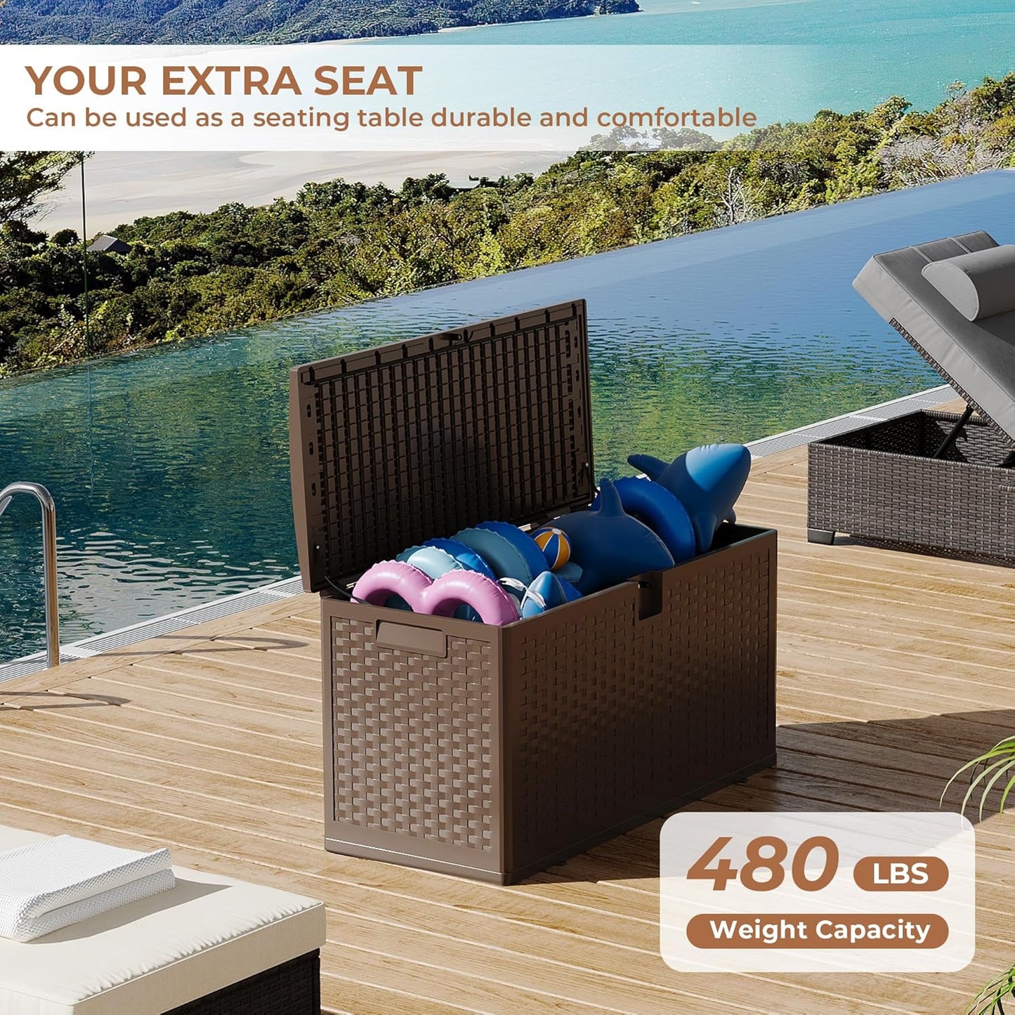 73Gallon Brown Resin Deck Box, Outdoor Storage Box Waterproof Lockable, Patio Deck Box For Package Delivery, Outside Storage Box Container for Furniture Cushions, Garden Tools, Pool Accessories