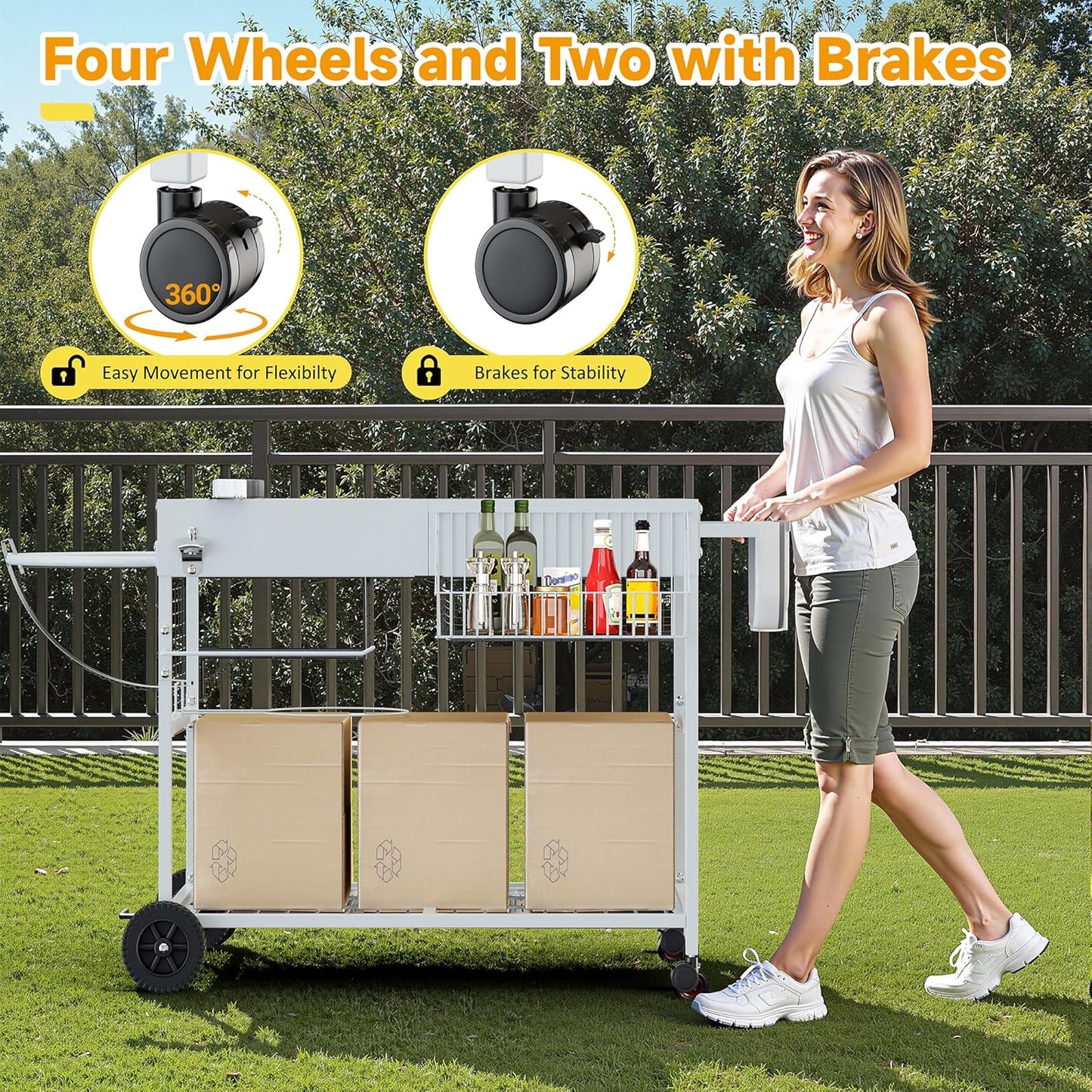 JY QAQA Grill Table for Weber 22" & 18" Original Kettle, Stand Cart for Jumbo Joe, Master-Touch, Performer Charcoal Grills with Sliding Lid Rack, Spacious Surface, Lockable Wheels for Outside