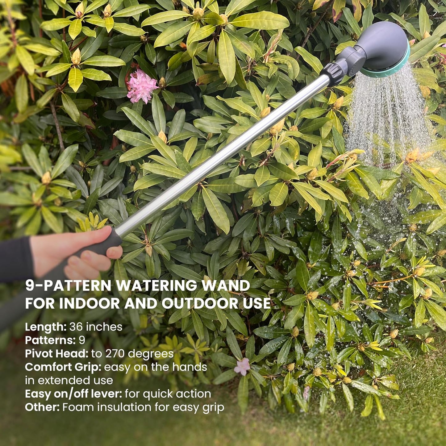 36 Inch Water Hose Wand Featuring 9 Spray Patterns and 180° Pivot Head 600004 with Comfort Grip and Lever Control by New England Garden Tools for Cleaning, Watering Plants & Yards, Washing Cars & Pets