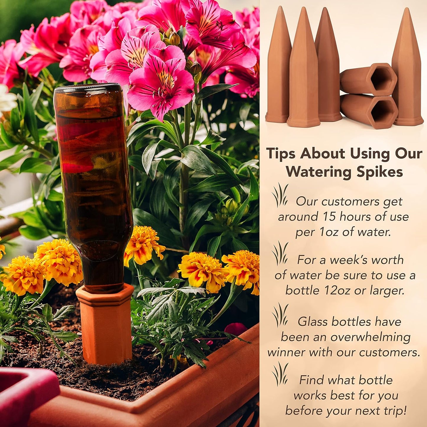 6 Pack Terracotta Watering Spikes for Indoor and Outdoor Plants - Simple and Easy Setup - Keep Plants Happy and Watered While You are Away