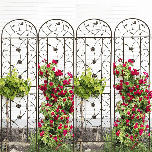 4 Pack Metal Garden Trellis 86.7" Tall Outdoor Climbing Plant Support for Roses, Flowers, Rustproof Durable Brown Galvanized Tube, Lawn Garden Fence Decor Screen (4, Retro-86.7" H)
