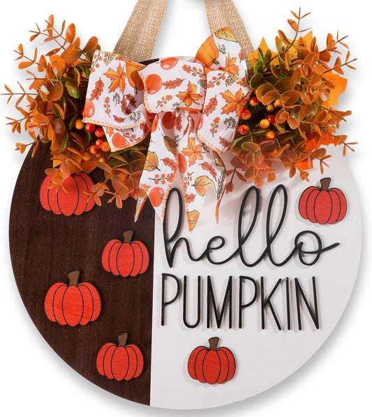 3D Hello Pumpkin Wooden Sign, Fall Outdoor Wreath for Front Door with Bow & Wreath | Fall Autumn Harvest Farmhouse Hanging Decor | Indoor Outdoor Porch, Wall, Home Decor
