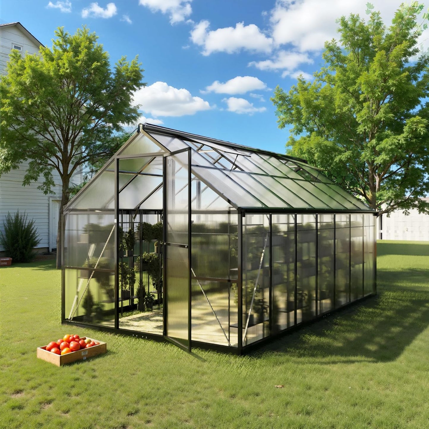 8x14 FT Greenhouse, Polycarbonate Green House with Quick Setup Structure and Roof Vent, Aluminum Large Walk-in Greenhouse for Outside Garden Backyard, Black