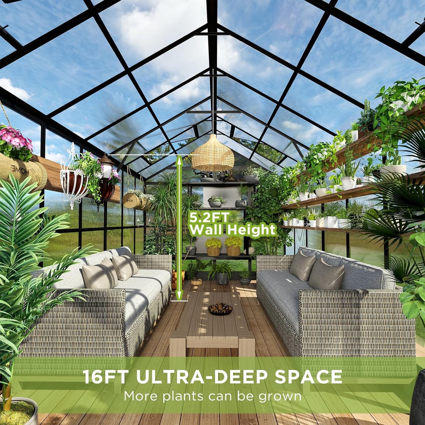 HOWE 8x16x7.5 FT Polycarbonate Greenhouse with Swing Doors, 4 Vents, 5.2FT Added Wall Height, Walk-in Large Aluminum Greenhouse for Outdoors, Black