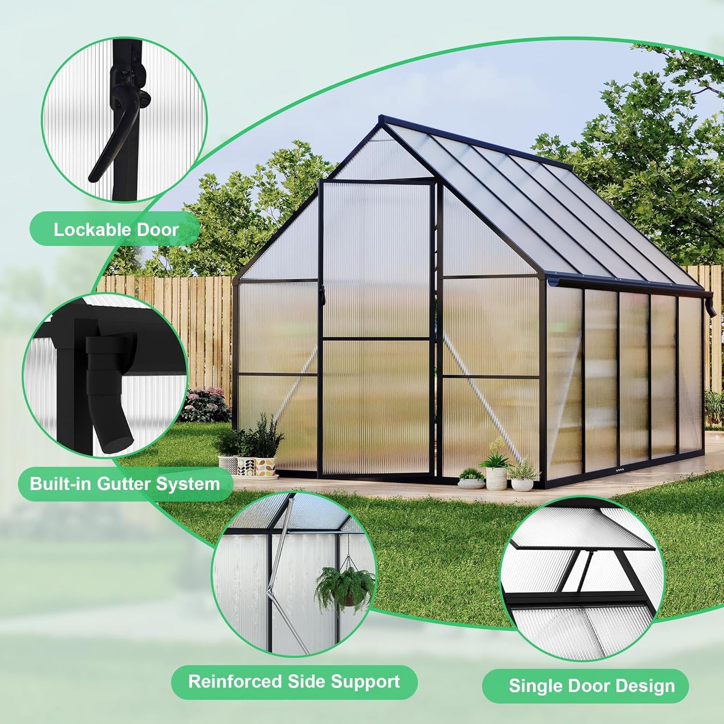 8'x10' Aluminum-Framed Polycarbonate Greenhouse, Heavy Duty Polycarbonate Greenhouse with Quick Setup Structure and Roof Vent, Large Enhanced Aluminum GreenhouseKit for Outdoors