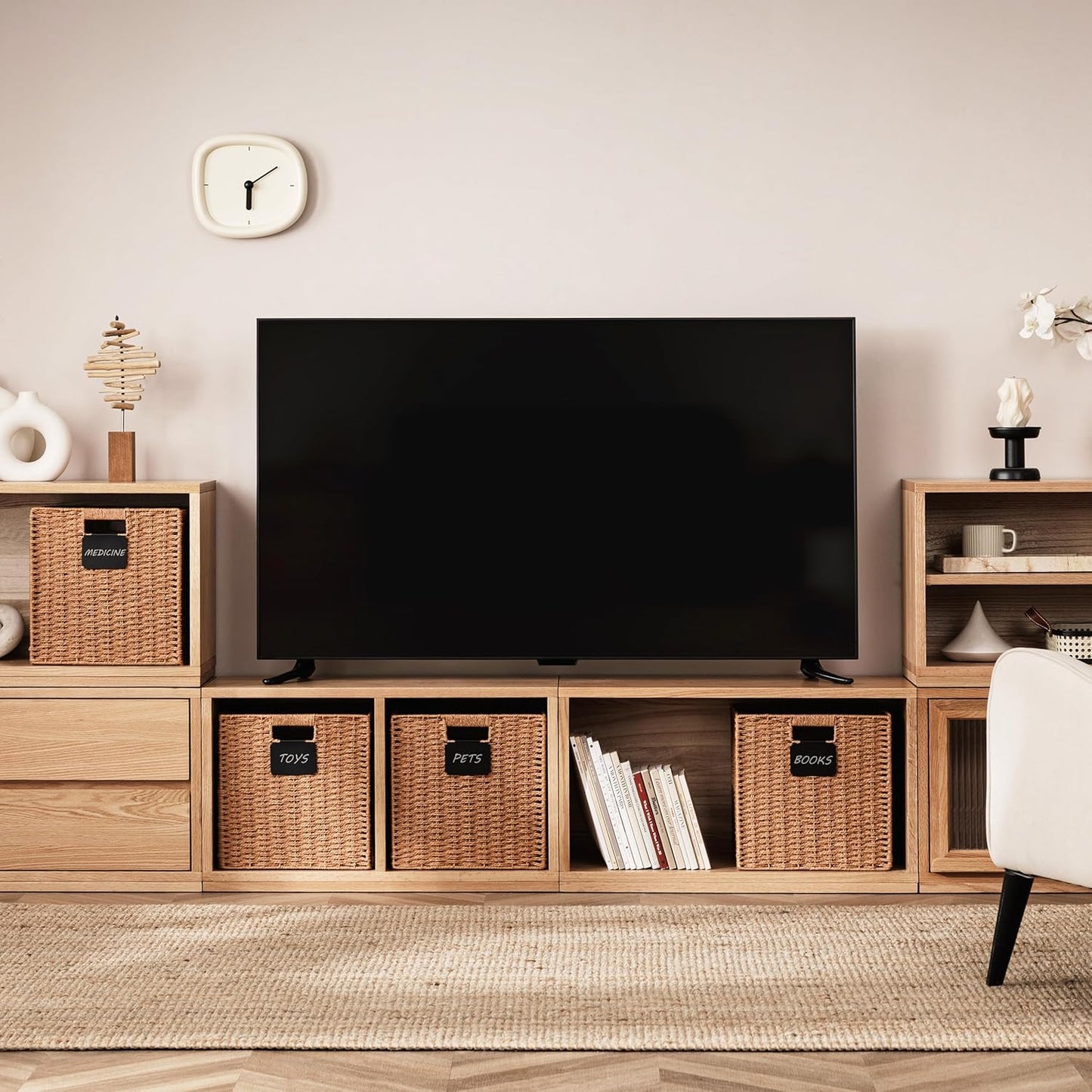 UBBCARE 4 Pack Wicker Basket, 12×12 Storage Cubes with Label, Foldable Cube Storage Bin with Handle, Square Storage Basket for Shelves, Woven Paper Rope Basket for Organizing, Caramel