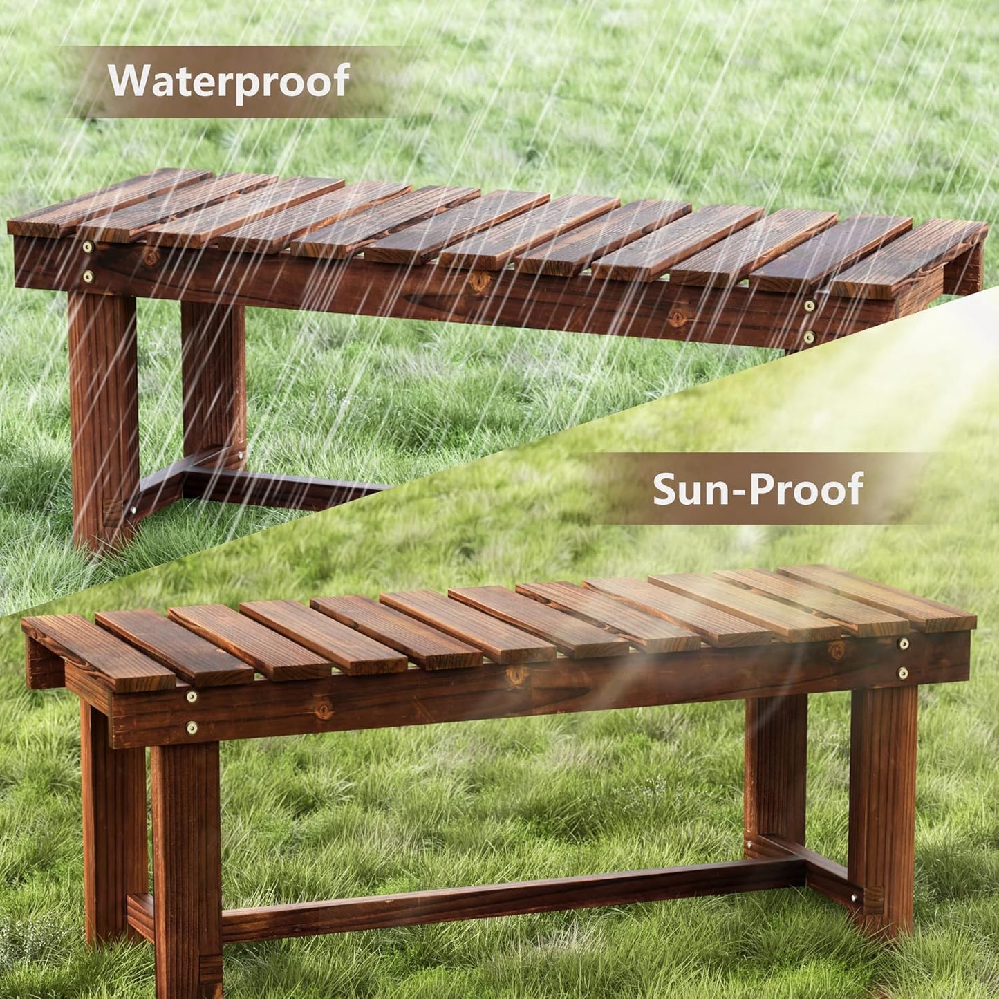 35.5" Outdoor Garden Bench, Weatherproof Patio Benches 2-Person Seat Backless Wooden Porch Bench, Multifunctional Slat All Weather Bench for Garden Lawn Porch Park Backyard (Carbonized Brown)