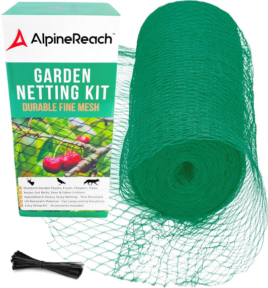 AlpineReach Garden Netting 7.5 x 65 ft Heavy Duty Bird Net, Deer, Plant Protection Extra Strong Woven Mesh, Reusable Kit with Zip Ties, Animal Fencing for Fruits Trees, Green