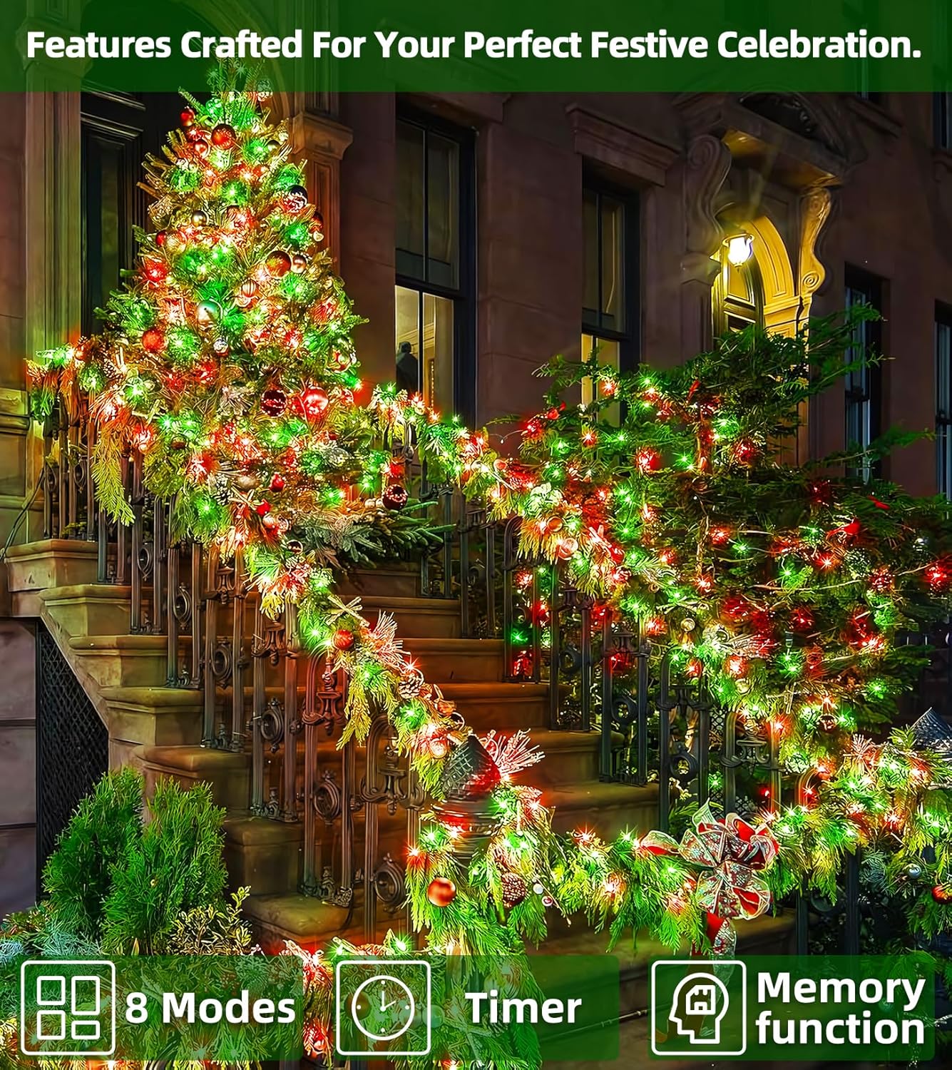 300LED Christmas Lights Indoor Outdoor Use Green Wire, 8 Lighting Modes 100FT Christmas Tree Lights with Timer & Memory, IP44 Waterproof for Tree Xmas Patio Yard Fence Balcony Garden Decor Red & Green