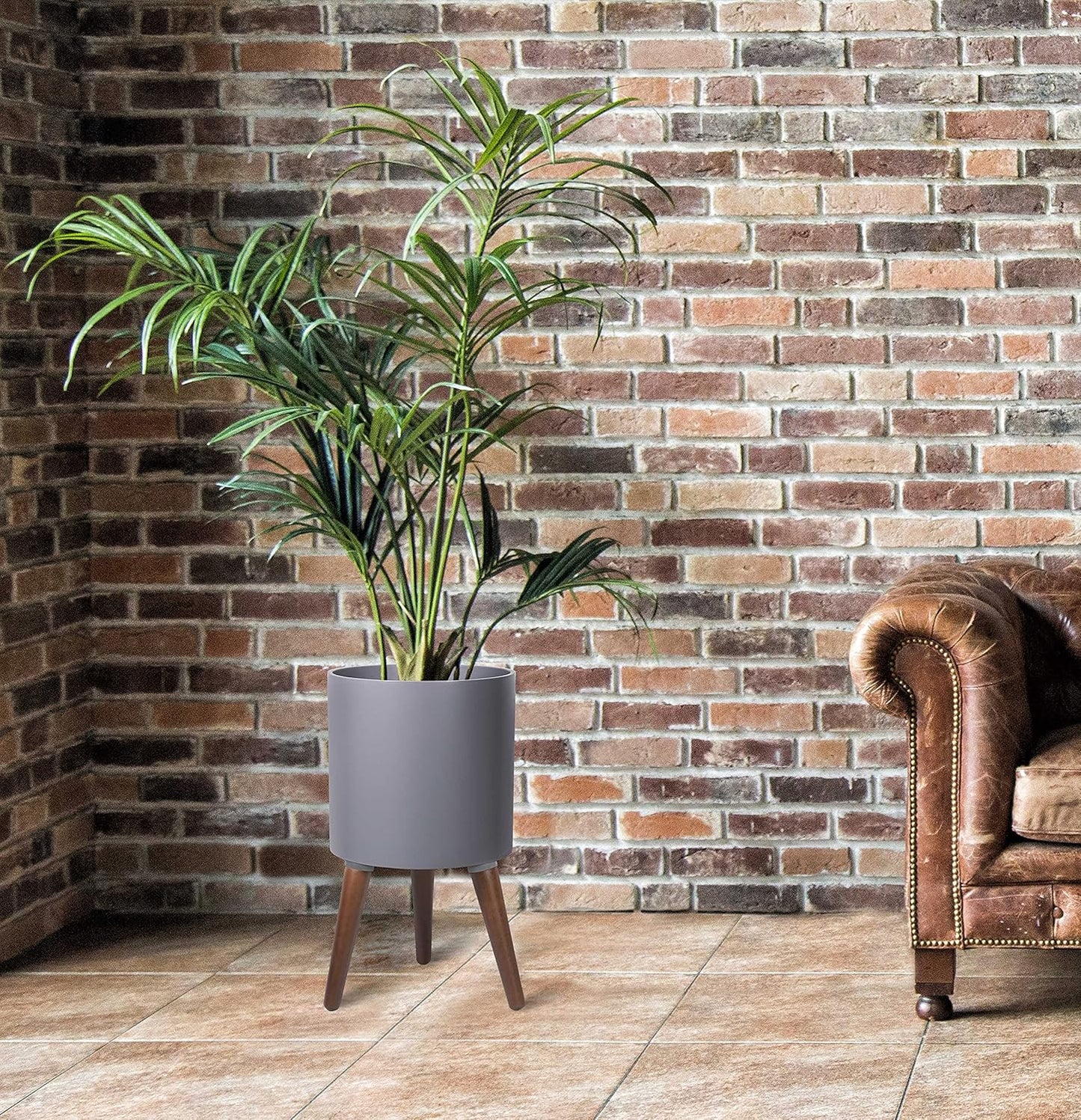 D'vine Dev 10 Inch Planter Pot with Stand, Mid-Century Tall Plant Pot with Legs for Indoor Plants, Medium, Grey, 88-O-B-3