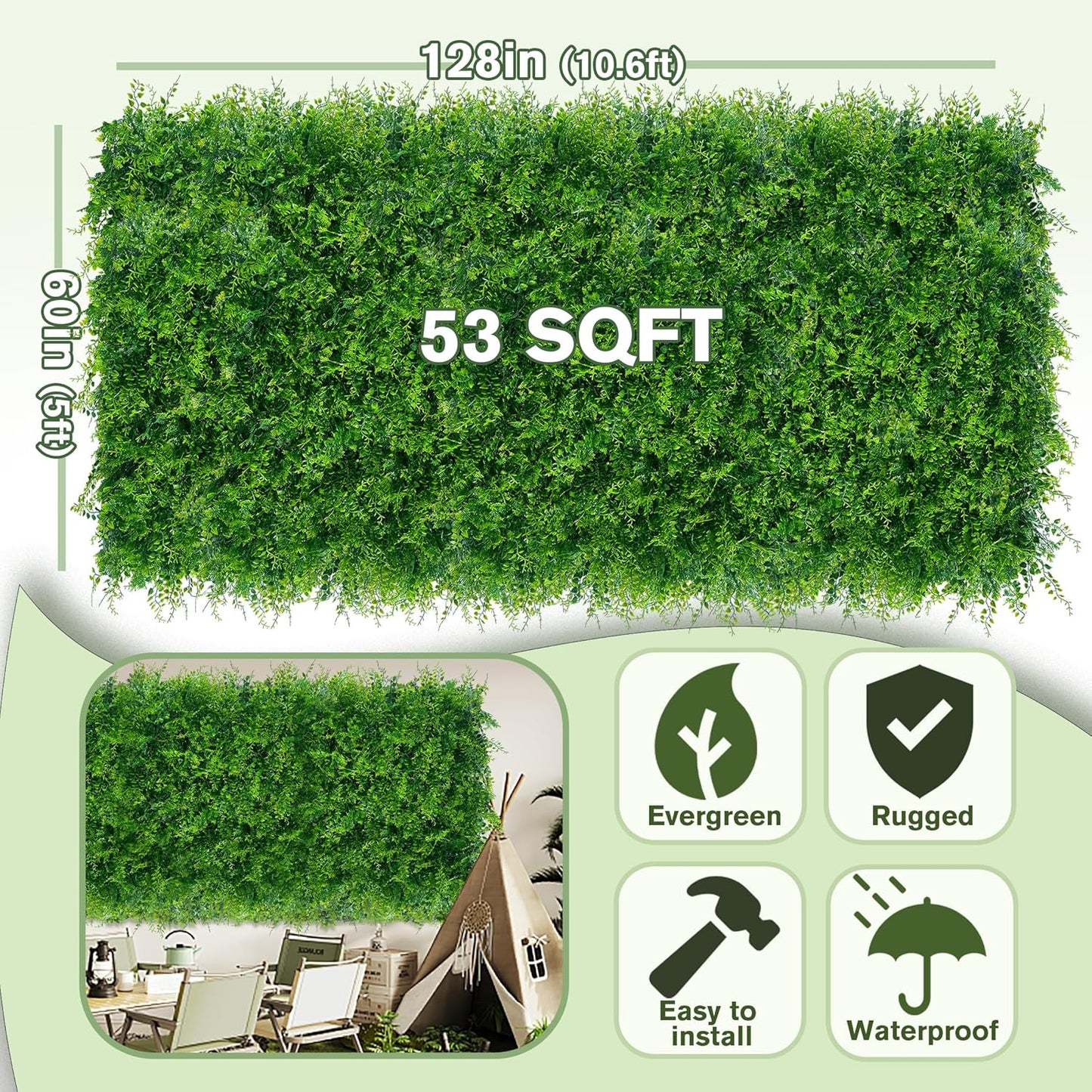 Greenery Faux Grass Wall Backdrop 60"x128" (53.5 SQFT) UV-Anti Artificial Green Boxwood Panel for Patio Balcony Privacy & Ivy Fence Covering Privacy, Garden, Backyard Wall Backdrop Decor
