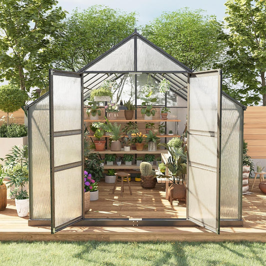 8*12 FT Outdoor Walk-in Greenhouse, Polycarbonate Green House, Heavy Duty Greenhouse with Vented Roof Window, Windproof Aluminum Frame, Suitable for Outside Gardening, Backyard, Patio