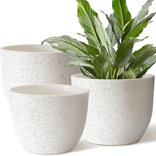 Giraffe Creation 12/10/9 Set of 3 Speckled White Plant Pots, Modern Indoor & Outdoor Planters with Drainage Holes and Saucers