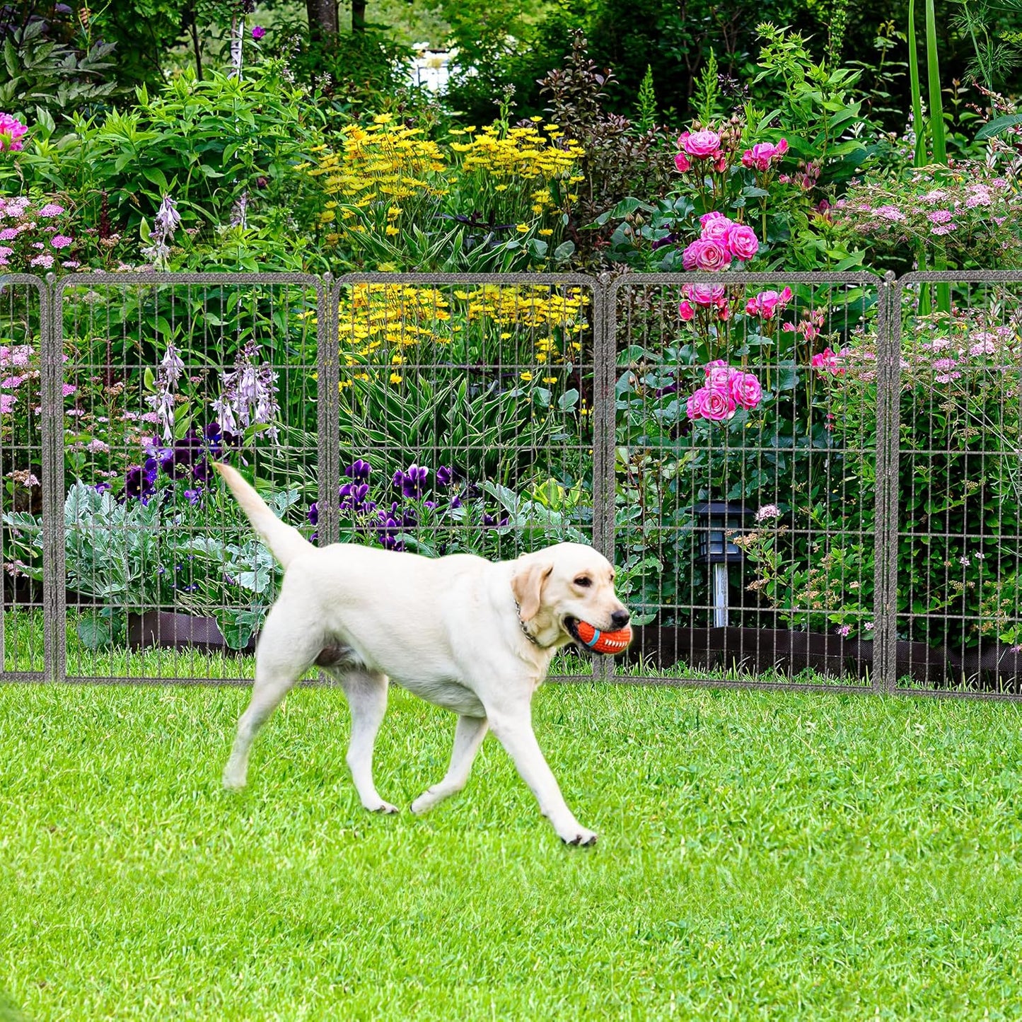 FXW Garden Fence Outdoor for The Yard – 40in(H) x 18.2ft(L) Heavy Duty Metal Animal Barrier for Dog and Rabbit, Decorative Dog Fence, 8 Panels, Silver