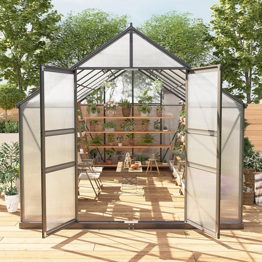8*14 FT Outdoor Walk-in Greenhouse, Polycarbonate Green House, Heavy Duty Greenhouse with Vented Roof Window, Windproof Aluminum Frame, Suitable for Outside Gardening, Backyard, Patio