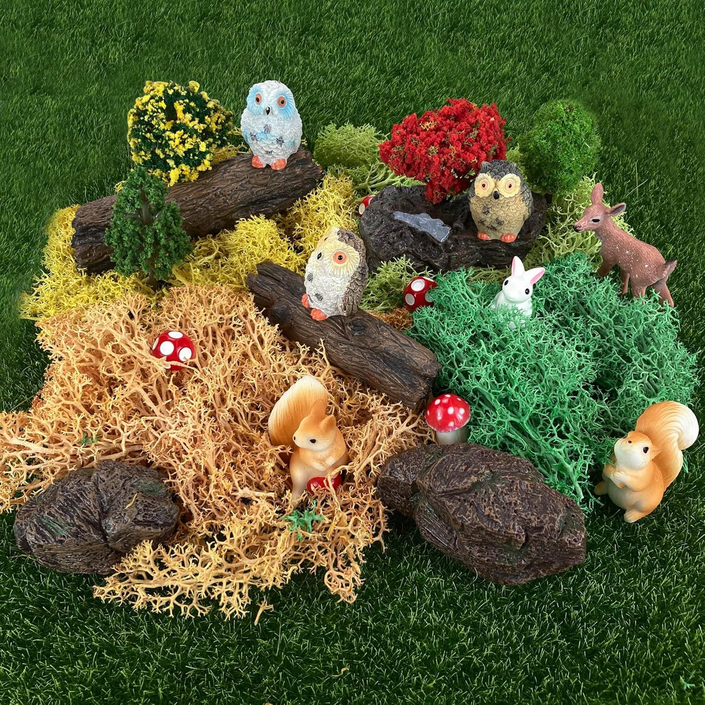 36 Pcs Fairy Garden Accessories, Mini Resin Animals Figures, Artificial Tree Stumps and Fake Stone Rocks, Moss Bonsai Micro Landscape Ornaments Kit, Miniature Garden Kit, Terrarium Ornaments DIY Craft