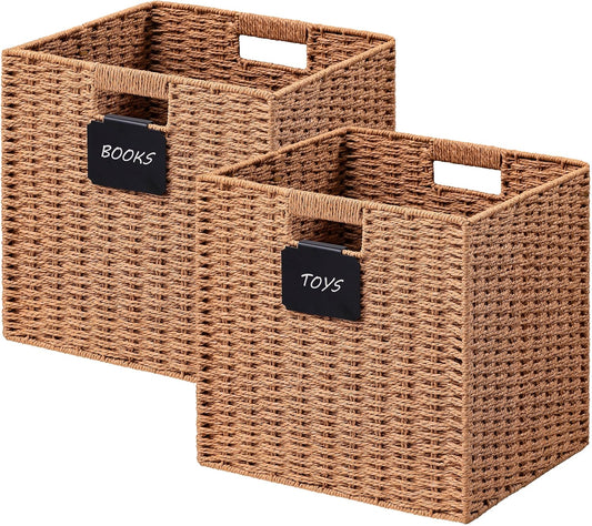 UBBCARE 2 Pack Wicker Basket, 13×13 Storage Cubes with Label, Foldable Cube Storage Bin with Handle, Square Storage Basket for Shelves, Woven Paper Rope Basket for Organizing, Caramel