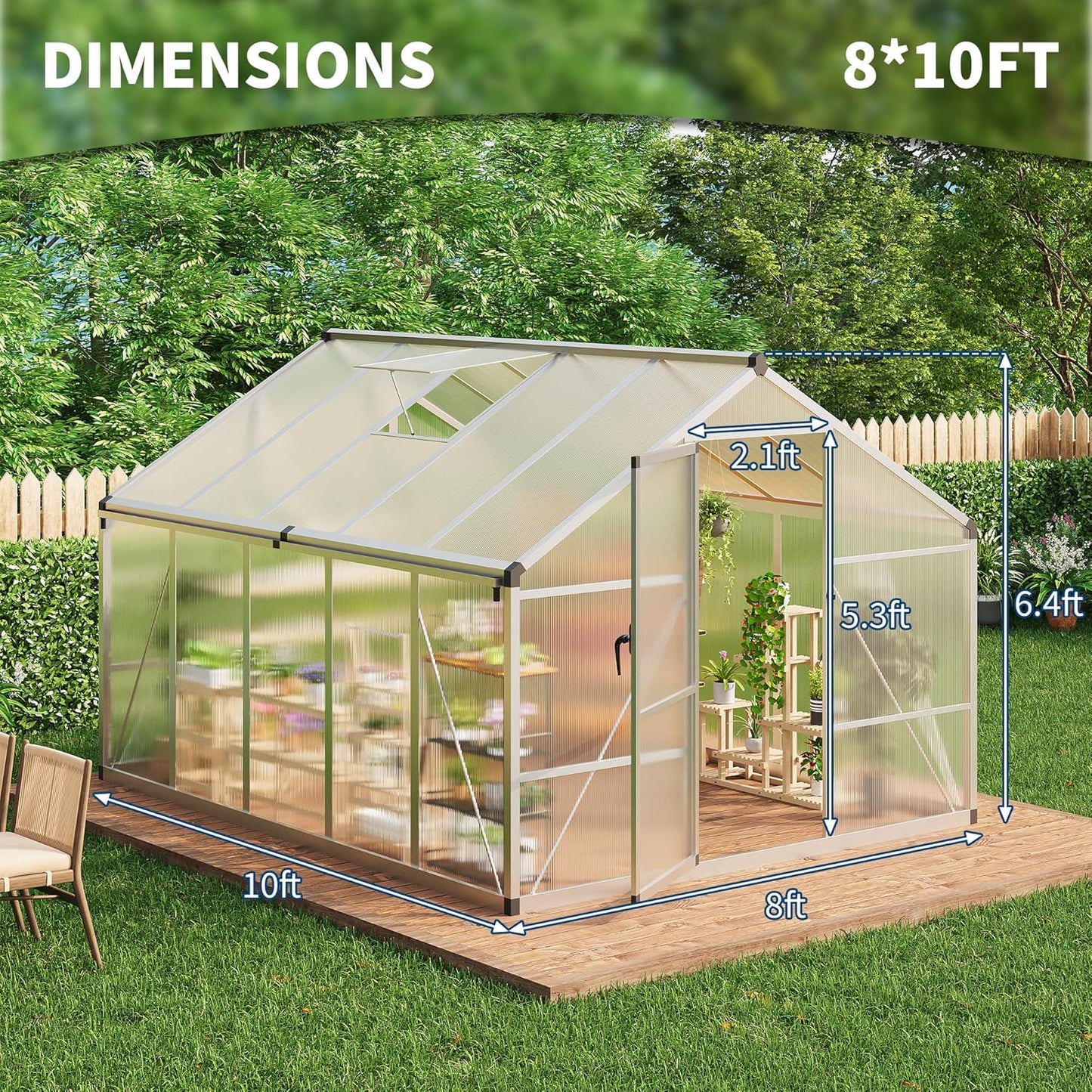 8×10 FT Greenhouse, Large Walk in Greenhouses for Outdoors and Garden Planting, Polycarbonate Greenhouse with Enhanced Aluminum Frame, Green Houses with Quick Setup Structure and Roof Vent, Silver